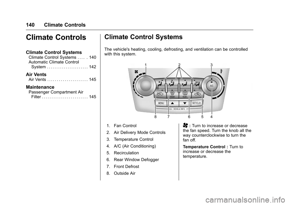 CHEVROLET EQUINOX 2017 2.G Owners Manual Chevrolet Equinox Owner Manual (GMNA-Localizing-U.S./Canada/Mexico-
9918169) - 2017 - CRC - 3/23/16
140 Climate Controls
Climate Controls
Climate Control Systems
Climate Control Systems . . . . . 140
