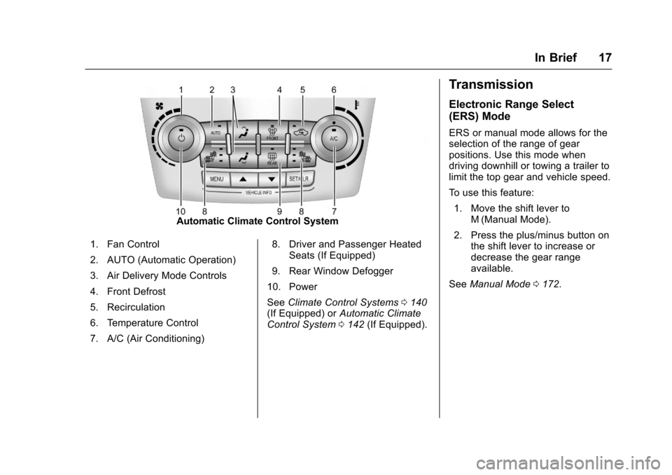 CHEVROLET EQUINOX 2017 2.G User Guide Chevrolet Equinox Owner Manual (GMNA-Localizing-U.S./Canada/Mexico-
9918169) - 2017 - CRC - 3/23/16
In Brief 17
Automatic Climate Control System
1. Fan Control
2. AUTO (Automatic Operation)
3. Air Del