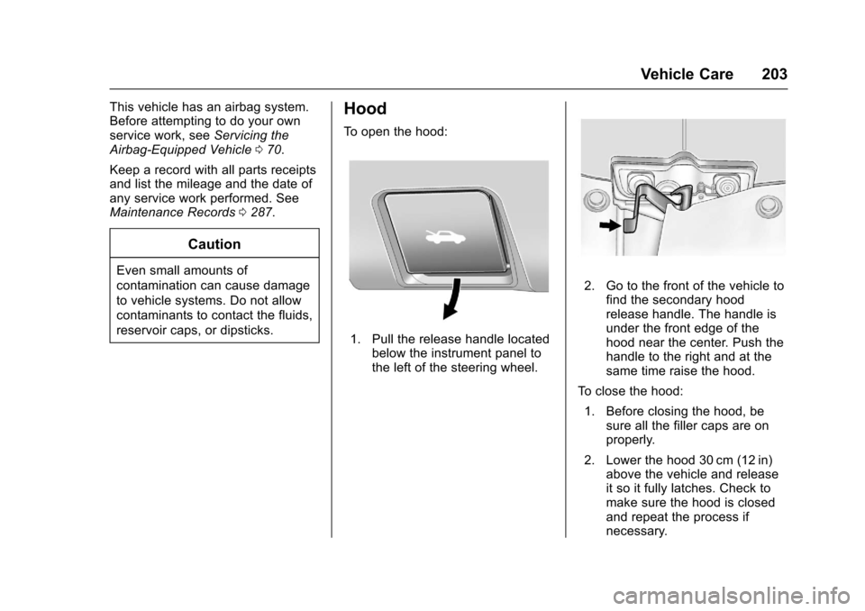 CHEVROLET EQUINOX 2017 2.G Owners Manual Chevrolet Equinox Owner Manual (GMNA-Localizing-U.S./Canada/Mexico-
9918169) - 2017 - CRC - 3/23/16
Vehicle Care 203
This vehicle has an airbag system.
Before attempting to do your own
service work, s CHEVROLET EQUINOX 2017 2.G Owners Manual Chevrolet Equinox Owner Manual (GMNA-Localizing-U.S./Canada/Mexico-
9918169) - 2017 - CRC - 3/23/16
Vehicle Care 203
This vehicle has an airbag system.
Before attempting to do your own
service work, s