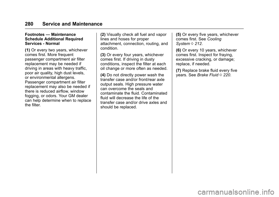 CHEVROLET EQUINOX 2017 2.G Owners Manual Chevrolet Equinox Owner Manual (GMNA-Localizing-U.S./Canada/Mexico-
9918169) - 2017 - CRC - 3/23/16
280 Service and Maintenance
Footnotes—Maintenance
Schedule Additional Required
Services - Normal
(