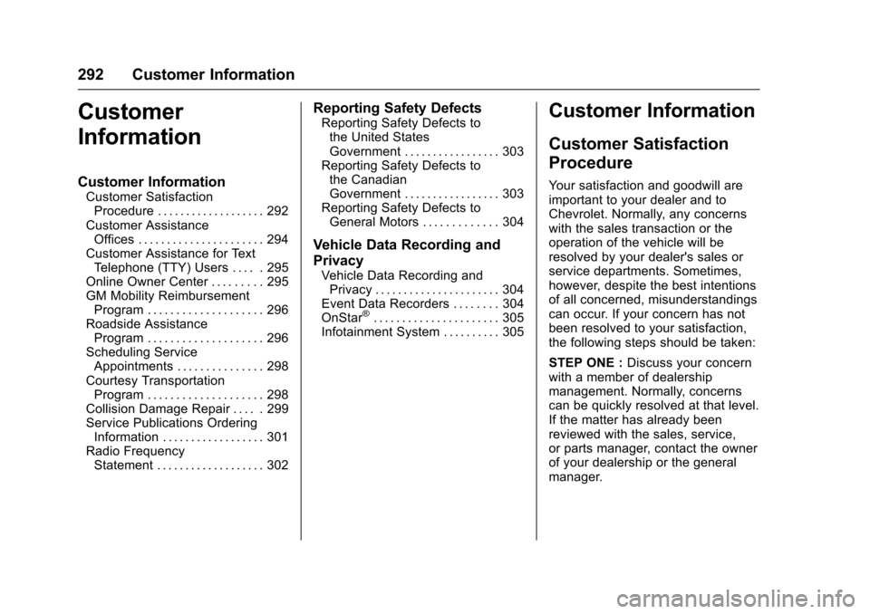 CHEVROLET EQUINOX 2017 2.G User Guide Chevrolet Equinox Owner Manual (GMNA-Localizing-U.S./Canada/Mexico-
9918169) - 2017 - CRC - 3/23/16
292 Customer Information
Customer
Information
Customer Information
Customer SatisfactionProcedure . 
