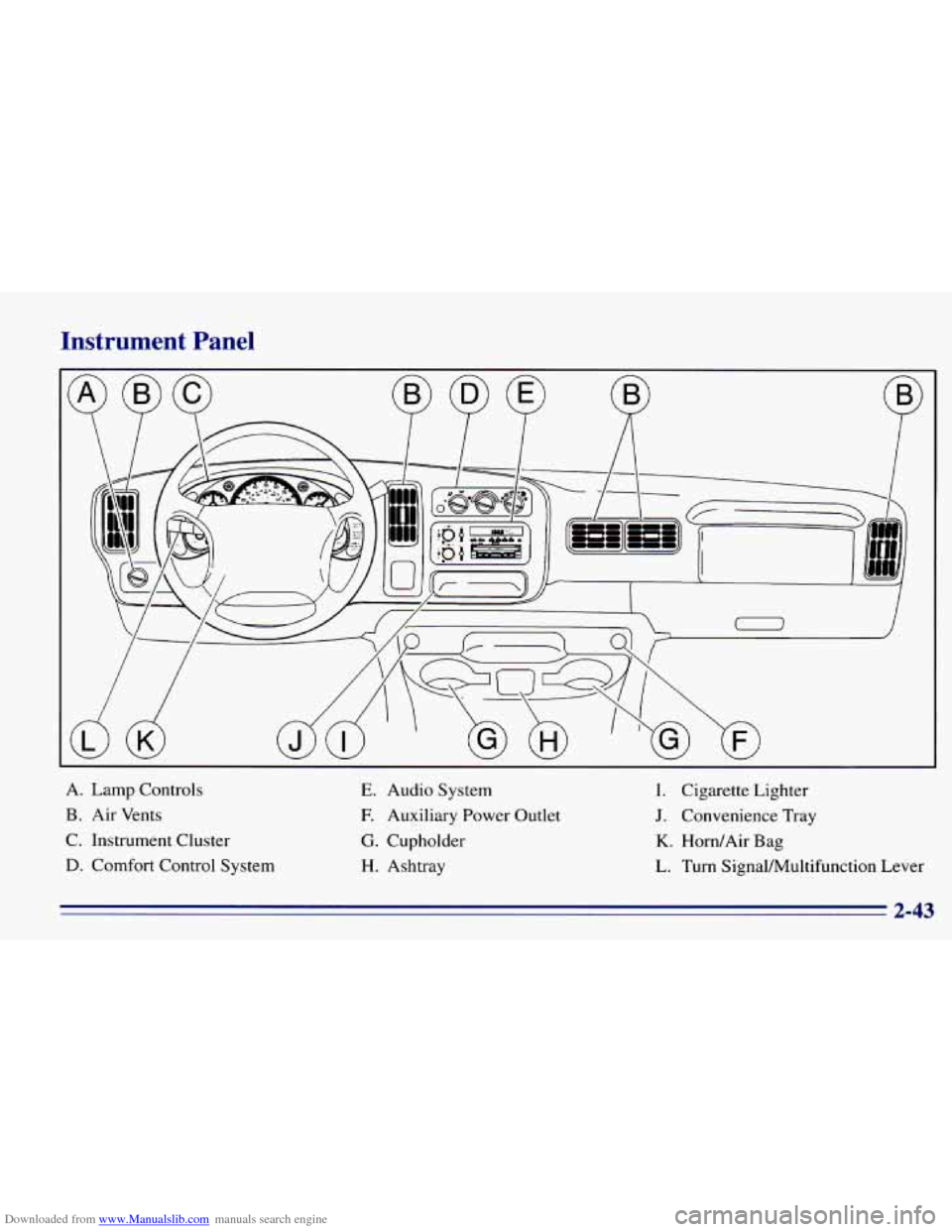 CHEVROLET EXPRESS 1996 1.G Owners Manual Downloaded from www.Manualslib.com manuals search engine Instrument Panel
A. Lamp Controls
B. Air Vents
C, Instrument Cluster
D. Comfort Control System
E. Audio System
E Auxiliary Power CHEVROLET EXPRESS 1996 1.G Owners Manual Downloaded from www.Manualslib.com manuals search engine Instrument Panel
A. Lamp Controls
B. Air Vents
C, Instrument Cluster
D. Comfort Control System
E. Audio System
E Auxiliary Power