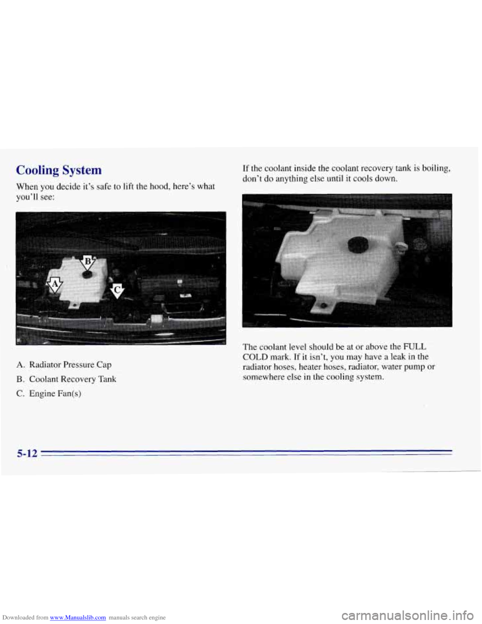 CHEVROLET EXPRESS 1996 1.G Owners Manual Downloaded from www.Manualslib.com manuals search engine Cooling System
When you decide it’s safe to lift the hood, here’s what
you’ll see:
A. Radiator Pressure Cap
B. Coolant Recovery Tank CHEVROLET EXPRESS 1996 1.G Owners Manual Downloaded from www.Manualslib.com manuals search engine Cooling System
When you decide it’s safe to lift the hood, here’s what
you’ll see:
A. Radiator Pressure Cap
B. Coolant Recovery Tank
