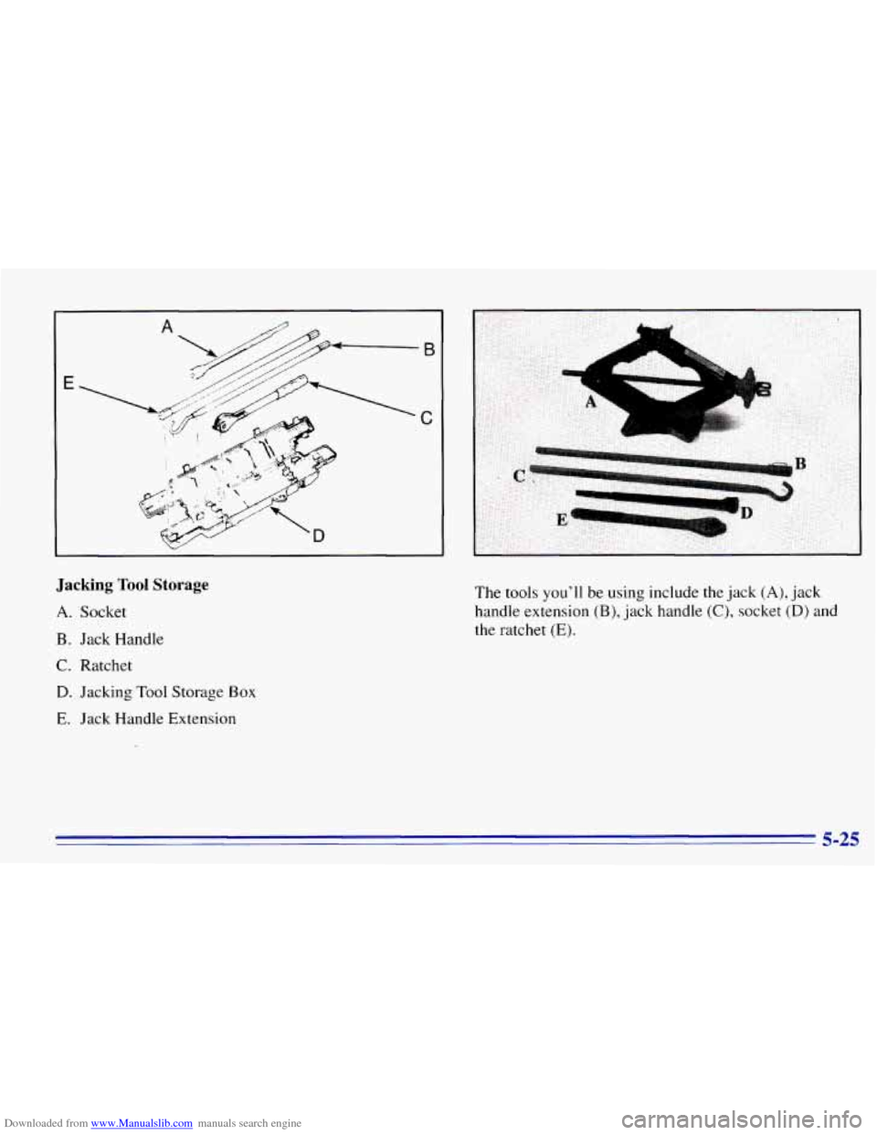 CHEVROLET EXPRESS 1996 1.G Owners Manual Downloaded from www.Manualslib.com manuals search engine Jacking Tool Storage 
A. Socket 
B. Jack  Handle 
C. Ratchet 
D. Jacking Tool Storage Box 
E. Jack  Handle  Extension  The 
tools 
you’ll be 