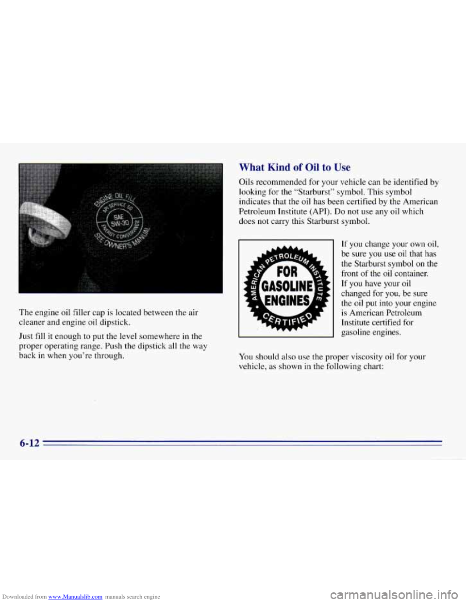CHEVROLET EXPRESS 1996 1.G Owners Manual Downloaded from www.Manualslib.com manuals search engine What Kind of Oil to Use
The engine oil filler cap is located between the air
cleaner and engine oil dipstick.
Just fill
it enough to pu CHEVROLET EXPRESS 1996 1.G Owners Manual Downloaded from www.Manualslib.com manuals search engine What Kind of Oil to Use
The engine oil filler cap is located between the air
cleaner and engine oil dipstick.
Just fill
it enough to pu