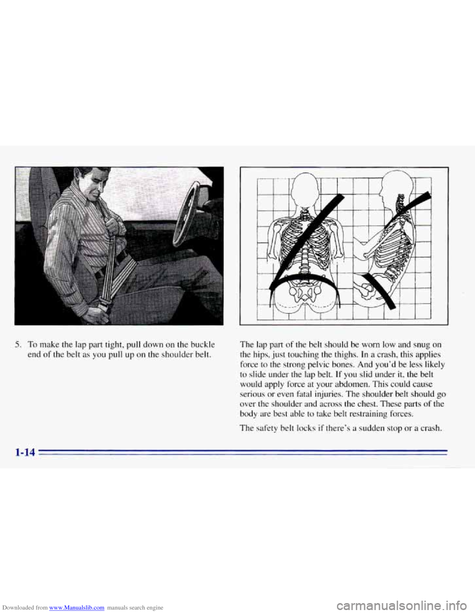 CHEVROLET EXPRESS 1996 1.G Owners Manual Downloaded from www.Manualslib.com manuals search engine 5. To make the lap  part tight,  pull down  on  the  buckle 
end  of the belt  as 
you pull  up  on the shoulder belt.  The 
lap part  of  the 