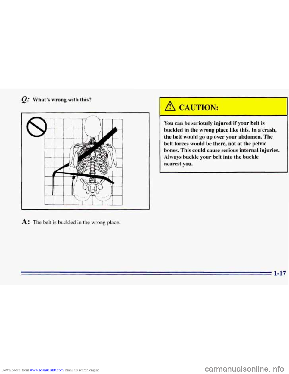 CHEVROLET EXPRESS 1996 1.G Owners Manual Downloaded from www.Manualslib.com manuals search engine Qz Whats  wrong with this? 
A: The belt is buckled in the wrong place. 
A CAUTION: 
m 
You can be seriously  injured if your belt is 
buckled 