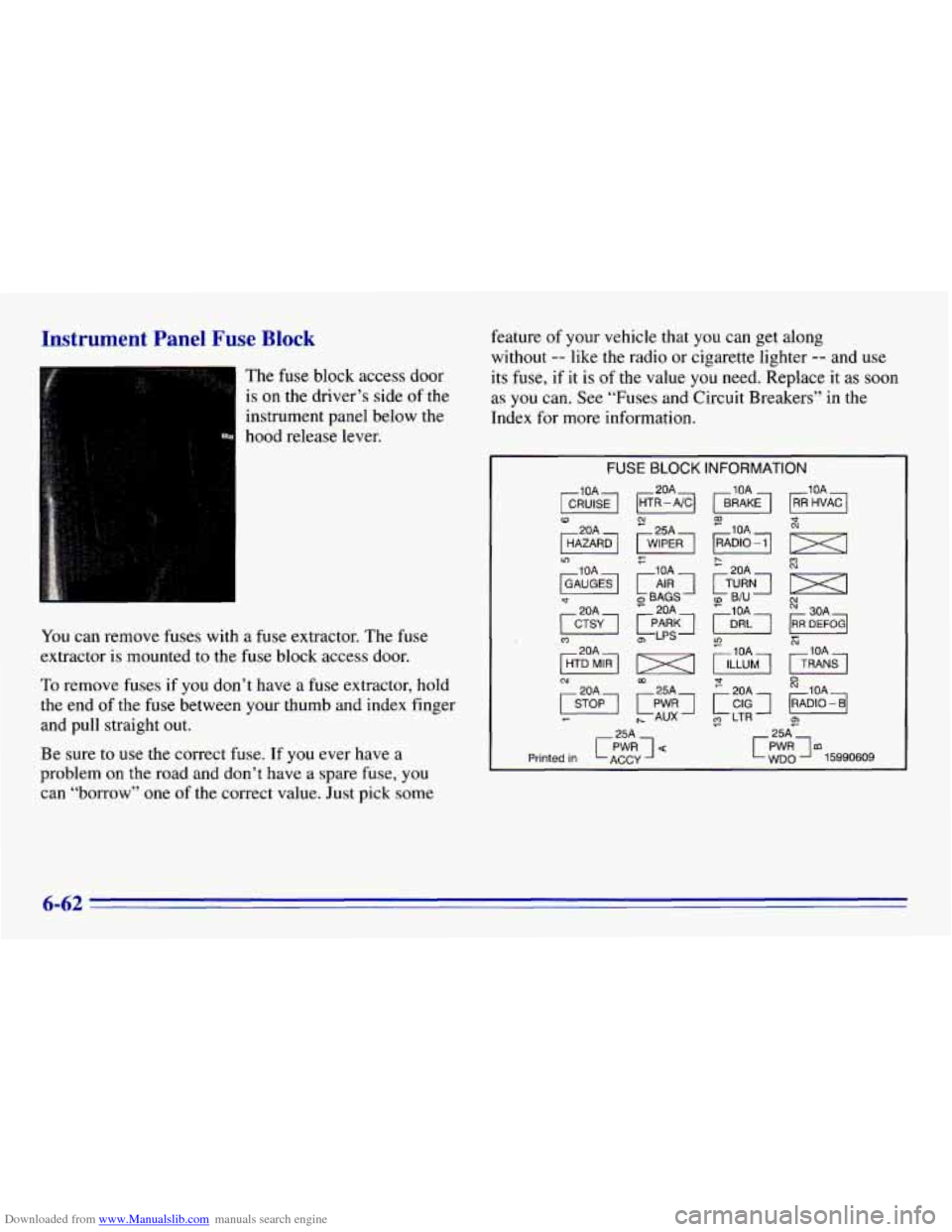 CHEVROLET EXPRESS 1996 1.G Owners Manual Downloaded from www.Manualslib.com manuals search engine Instrument Panel Fuse Block
The fuse block access door
is on the driver’s side of the
~ instrument panel below the
hood release lev CHEVROLET EXPRESS 1996 1.G Owners Manual Downloaded from www.Manualslib.com manuals search engine Instrument Panel Fuse Block
The fuse block access door
is on the driver’s side of the
~ instrument panel below the
hood release lev