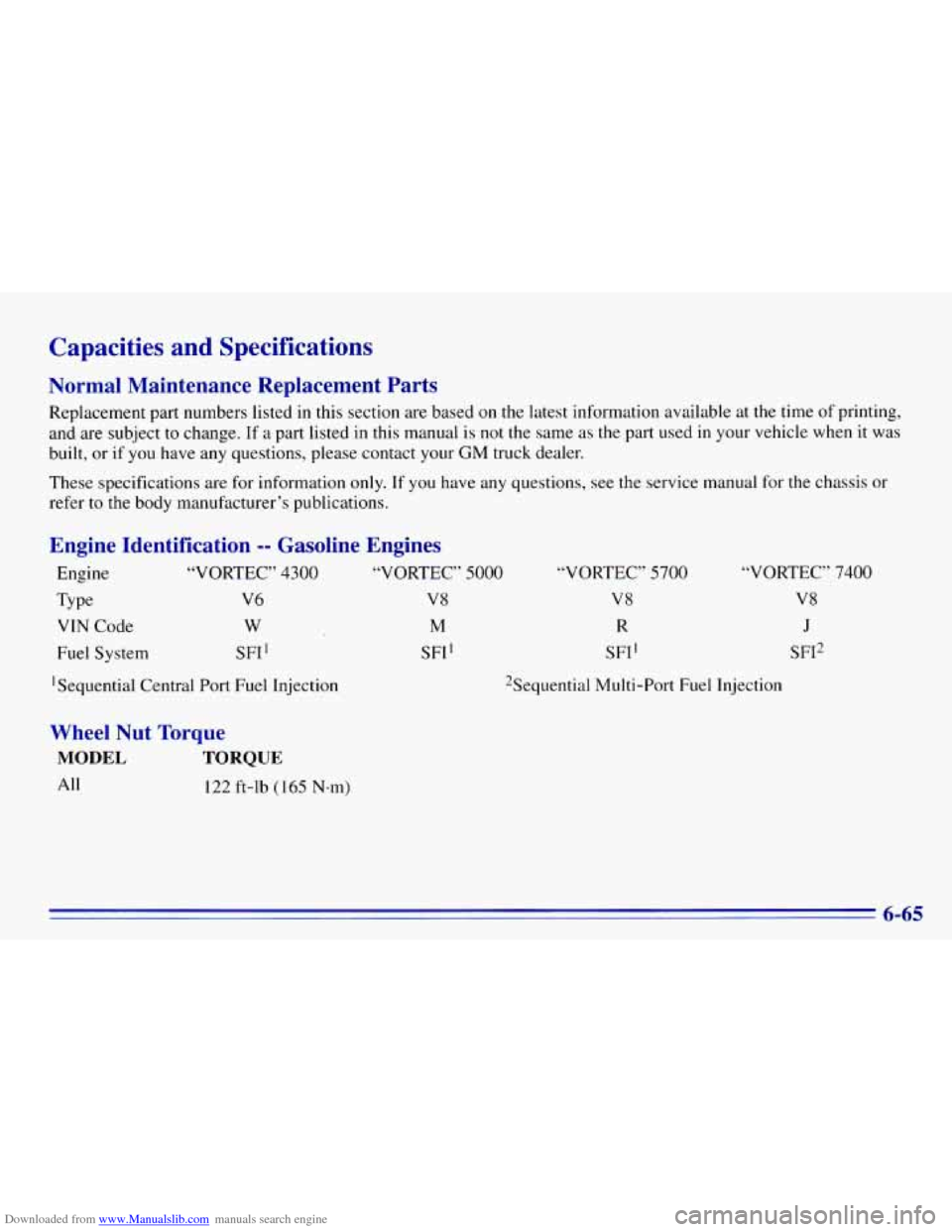 CHEVROLET EXPRESS 1996 1.G Owners Manual Downloaded from www.Manualslib.com manuals search engine Capacities  and  Specifications 
Normal  Maintenance  Replacement  Parts 
Replacement part numbers  listed in this  section are based  on the l