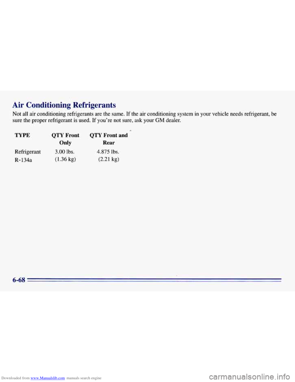 CHEVROLET EXPRESS 1996 1.G Owners Manual Downloaded from www.Manualslib.com manuals search engine Air  Conditioning  Refrigerants 
Not  all  air  conditioning  refrigerants  are  the  same. If the  air  conditioning sys&m in your vehicle nee