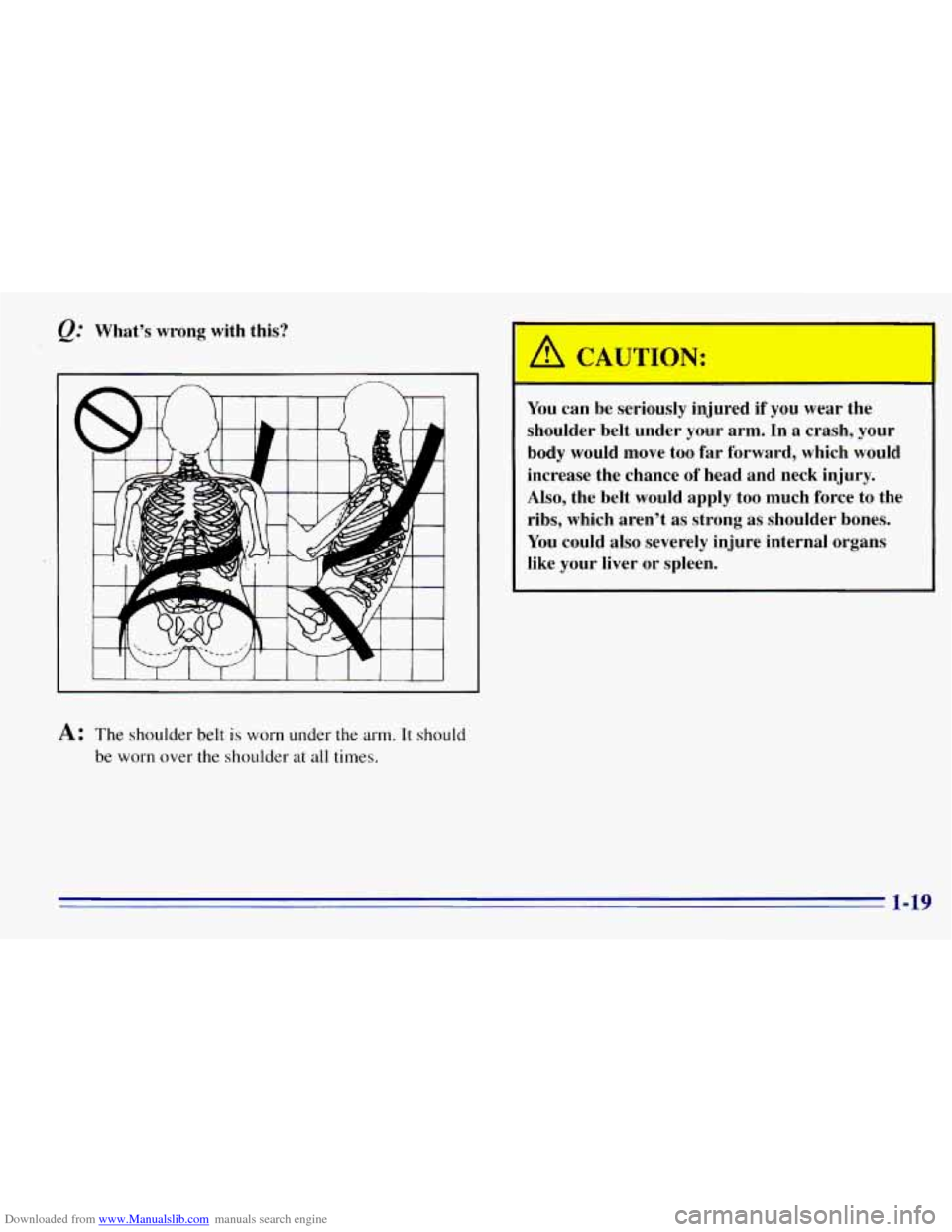 CHEVROLET EXPRESS 1996 1.G Owners Guide Downloaded from www.Manualslib.com manuals search engine What’s wrong with this? 
A: The shoulder belt is worn under the arm. It should 
be worn 
over the  shoulder at all times. 
A CAUTICU: 
You  c