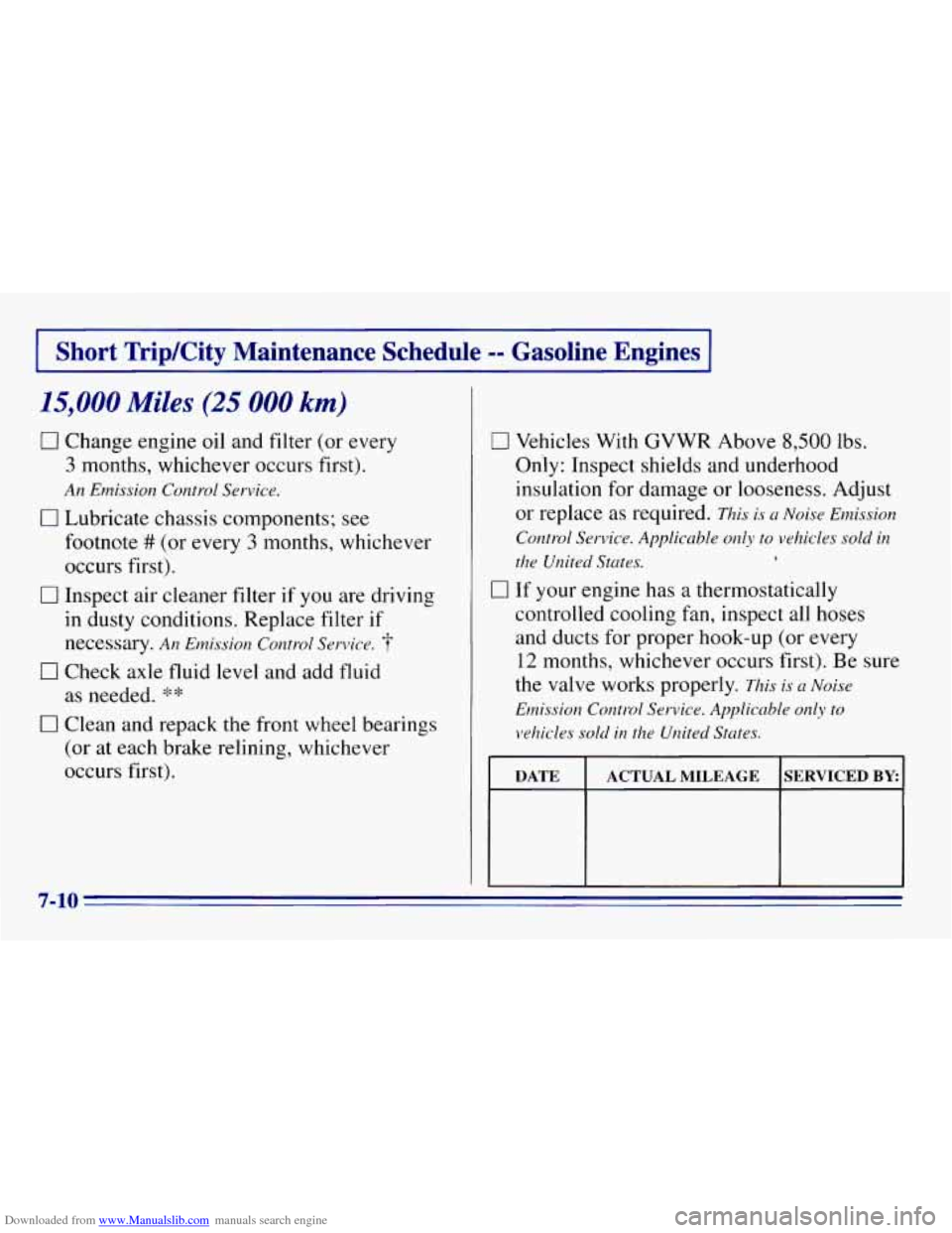 CHEVROLET EXPRESS 1996 1.G Owners Manual Downloaded from www.Manualslib.com manuals search engine Short TripKity Maintenance Schedule -- Gasoline Engines
15,000 Miles (25 000 km)
0 Change engine oil and filter (or every
3 months, w CHEVROLET EXPRESS 1996 1.G Owners Manual Downloaded from www.Manualslib.com manuals search engine Short TripKity Maintenance Schedule -- Gasoline Engines
15,000 Miles (25 000 km)
0 Change engine oil and filter (or every
3 months, w