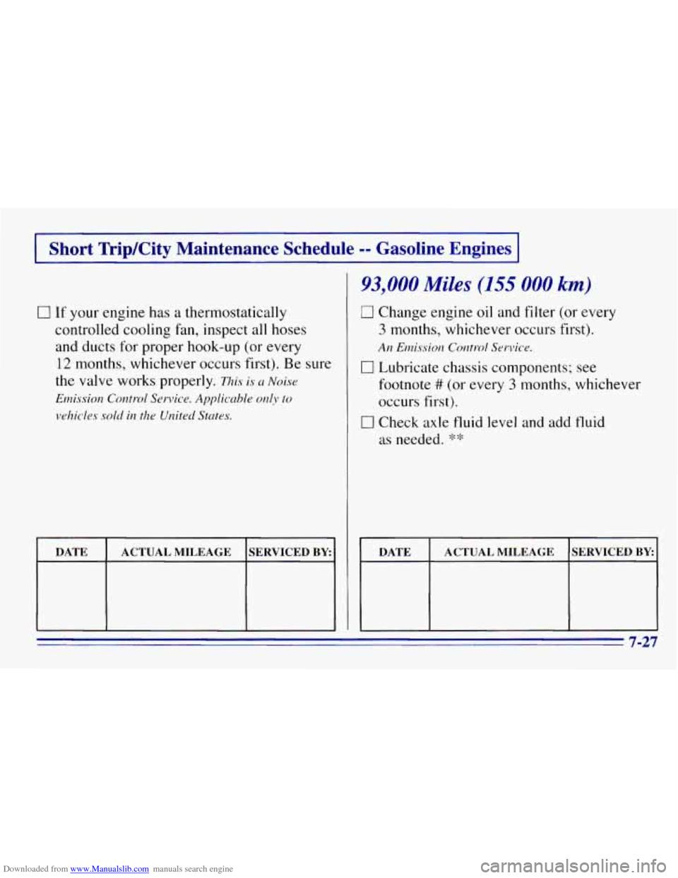 CHEVROLET EXPRESS 1996 1.G Owners Manual Downloaded from www.Manualslib.com manuals search engine Short TripKity Maintenance Schedule -- Gasoline Engines
0 If your engine has a thermostatically
controlled cooling fan, inspect all hose CHEVROLET EXPRESS 1996 1.G Owners Manual Downloaded from www.Manualslib.com manuals search engine Short TripKity Maintenance Schedule -- Gasoline Engines
0 If your engine has a thermostatically
controlled cooling fan, inspect all hose