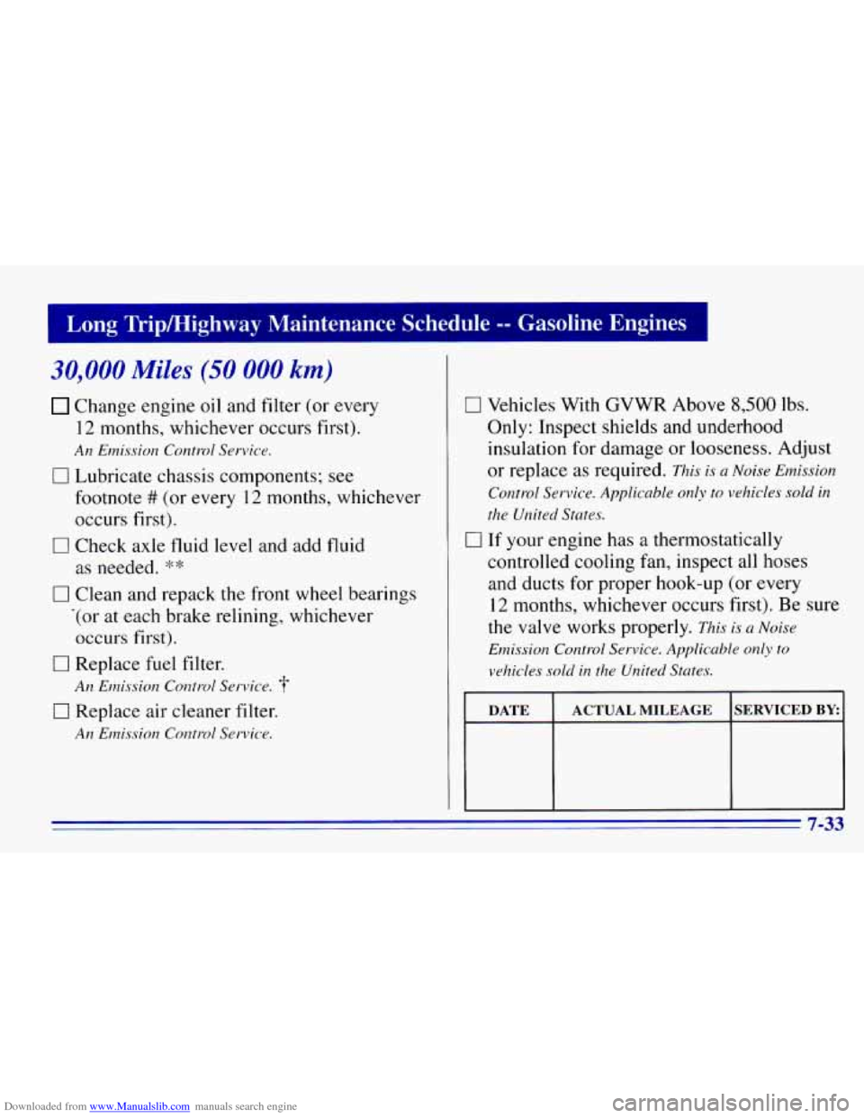 CHEVROLET EXPRESS 1996 1.G Owners Manual Downloaded from www.Manualslib.com manuals search engine Long Tripmighway Maintenance Schedule -- Gasoline Engines I
30,000 Miles (50 000 km)
Change engine oil and filter (or every
12 months, w CHEVROLET EXPRESS 1996 1.G Owners Manual Downloaded from www.Manualslib.com manuals search engine Long Tripmighway Maintenance Schedule -- Gasoline Engines I
30,000 Miles (50 000 km)
Change engine oil and filter (or every
12 months, w