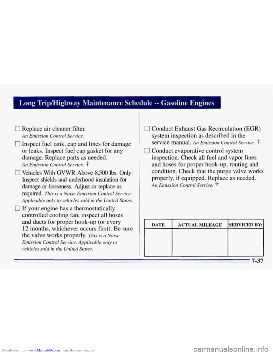 CHEVROLET EXPRESS 1996 1.G Owners Manual Downloaded from www.Manualslib.com manuals search engine I Long Tripmighway Maintenance Schedule -- Gasoline Engines
0 Replace air cleaner filter.
0 Inspect fuel tank, cap andlines for damag CHEVROLET EXPRESS 1996 1.G Owners Manual Downloaded from www.Manualslib.com manuals search engine I Long Tripmighway Maintenance Schedule -- Gasoline Engines
0 Replace air cleaner filter.
0 Inspect fuel tank, cap andlines for damag