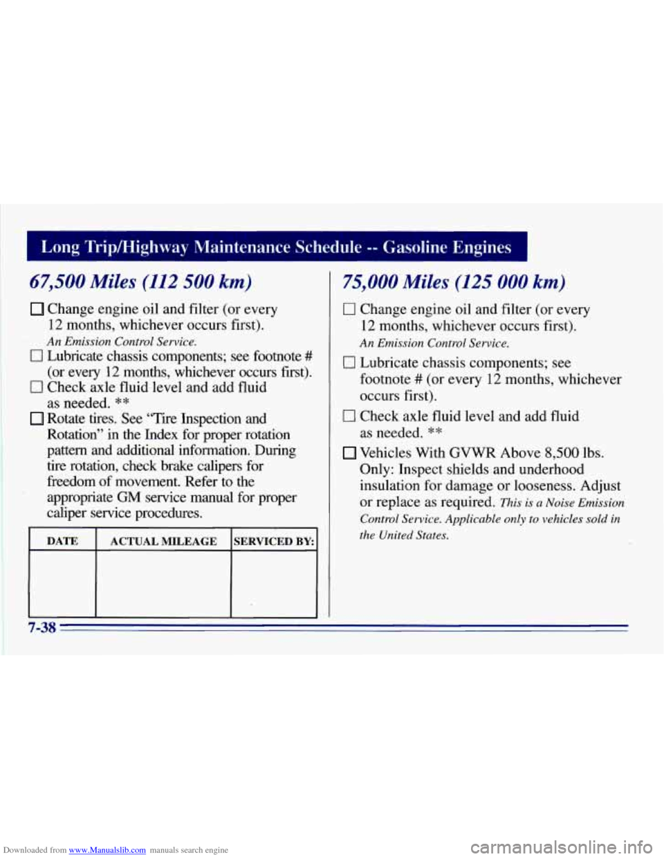 CHEVROLET EXPRESS 1996 1.G Owners Manual Downloaded from www.Manualslib.com manuals search engine I Long Tripmighway Maintenance Schedule -- Gasolmt: 1 Engines
67,500 Miles (112 500 km)
Change engine oil and filter (or every
12 mont CHEVROLET EXPRESS 1996 1.G Owners Manual Downloaded from www.Manualslib.com manuals search engine I Long Tripmighway Maintenance Schedule -- Gasolmt: 1 Engines
67,500 Miles (112 500 km)
Change engine oil and filter (or every
12 mont