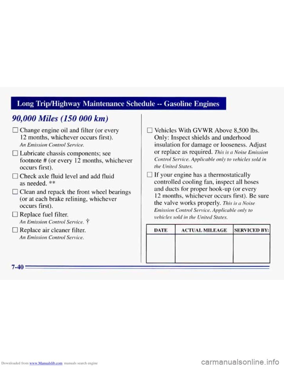 CHEVROLET EXPRESS 1996 1.G Owners Manual Downloaded from www.Manualslib.com manuals search engine Long Tripmighway Maintenance Schedule -- Gasoline Engines I
90,000 Miles (150 000 km)
0 Change engine oil and filter (or every
12 m CHEVROLET EXPRESS 1996 1.G Owners Manual Downloaded from www.Manualslib.com manuals search engine Long Tripmighway Maintenance Schedule -- Gasoline Engines I
90,000 Miles (150 000 km)
0 Change engine oil and filter (or every
12 m