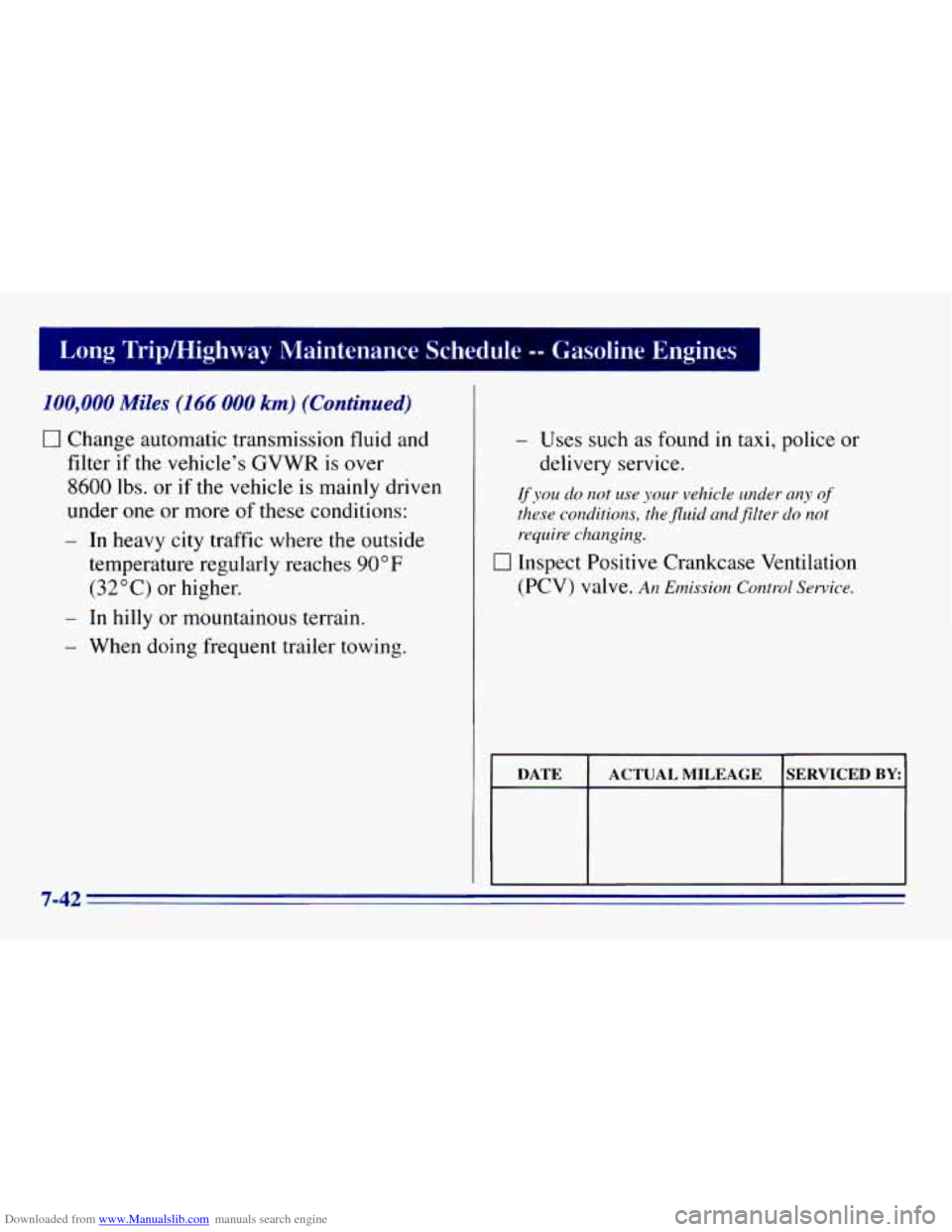 CHEVROLET EXPRESS 1996 1.G Owners Manual Downloaded from www.Manualslib.com manuals search engine Long TripMighway Maintenance Schedule -- Gasoline Engines
100,000 Miles (I66 000 km) (Continued)
0 Change automatic transmission fluid and CHEVROLET EXPRESS 1996 1.G Owners Manual Downloaded from www.Manualslib.com manuals search engine Long TripMighway Maintenance Schedule -- Gasoline Engines
100,000 Miles (I66 000 km) (Continued)
0 Change automatic transmission fluid and