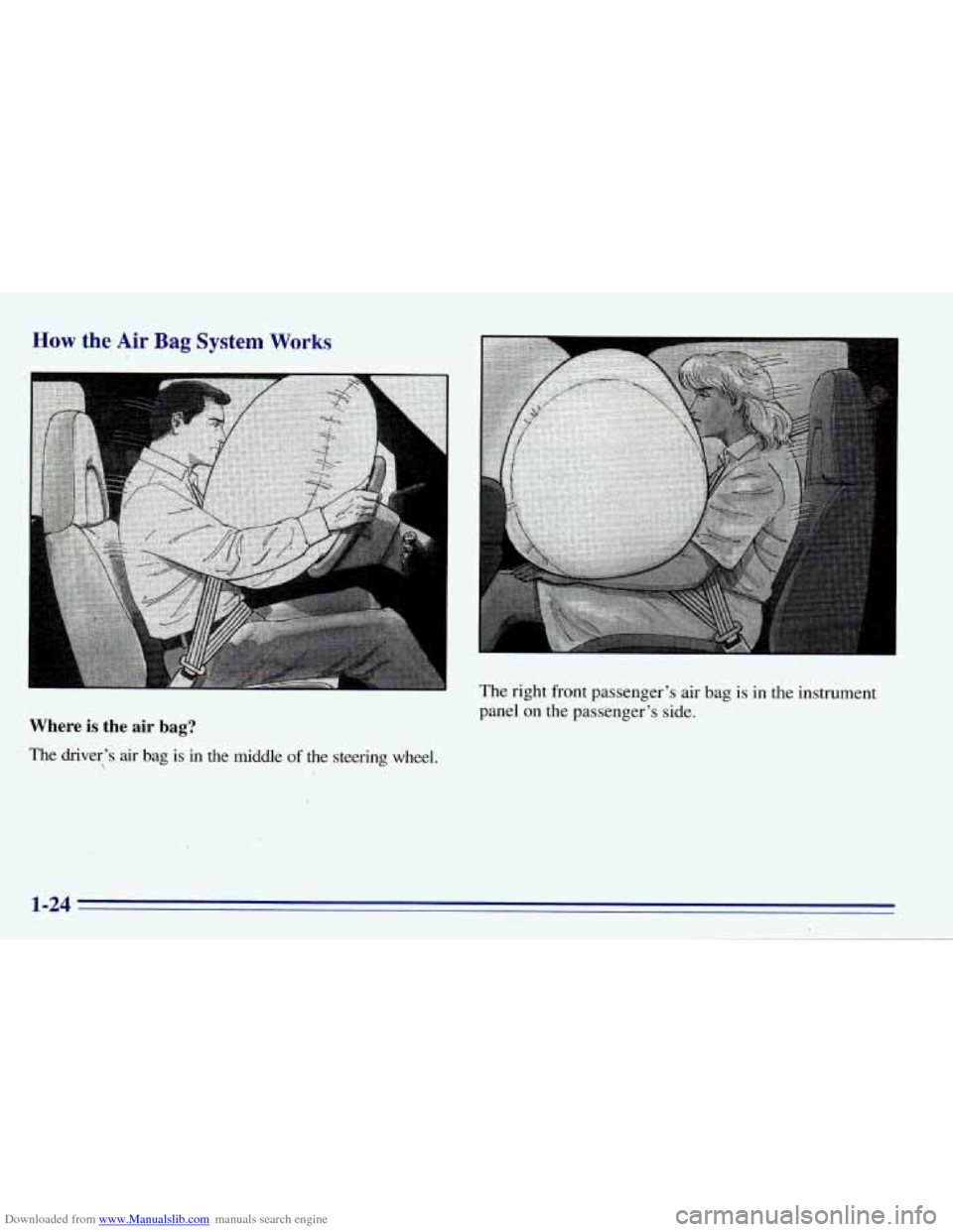 CHEVROLET EXPRESS 1996 1.G Owners Guide Downloaded from www.Manualslib.com manuals search engine How the Air Bag System Works 
Where is the air bag? 
The driver’s air bag is  in the  middle of the  steering  wheel.  The 
right  front  pas