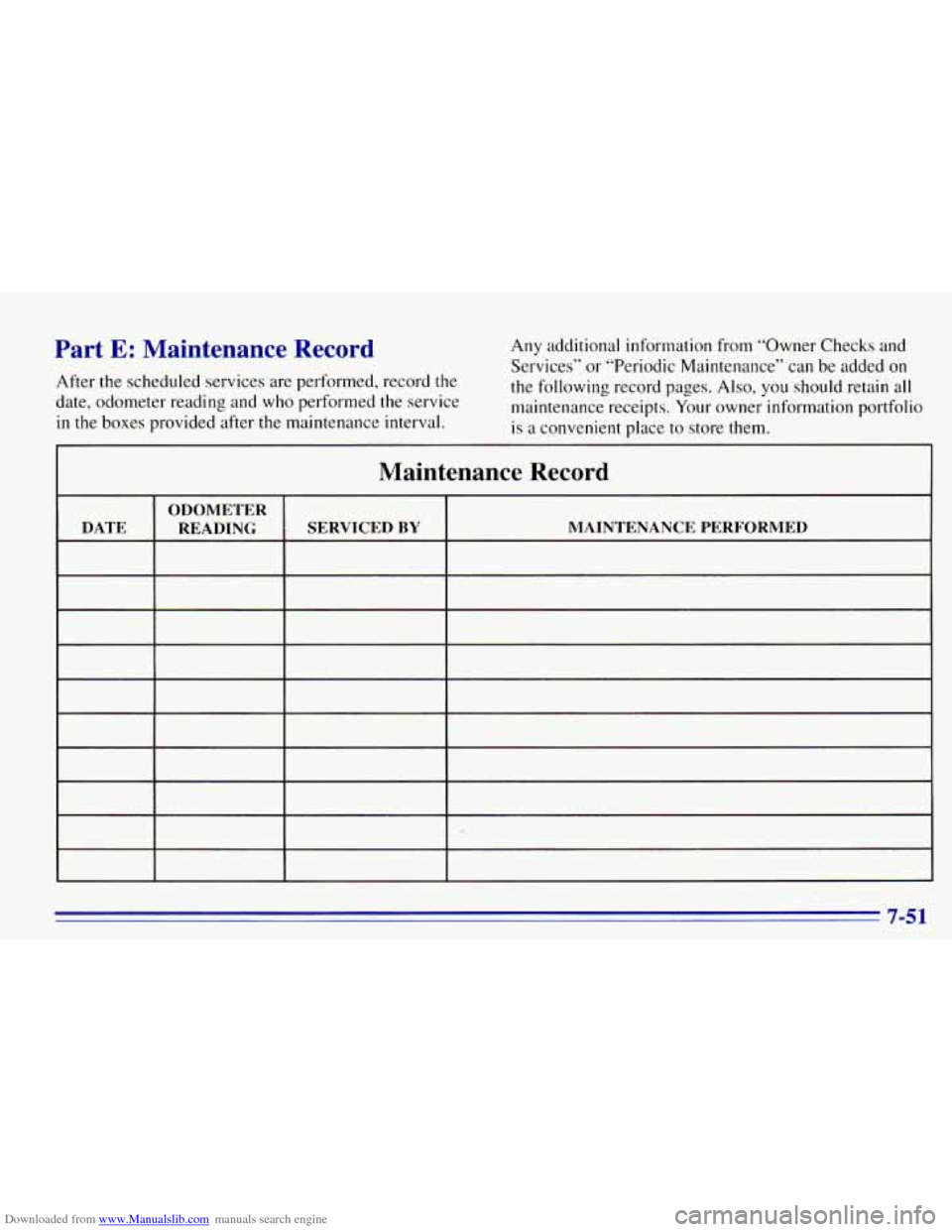 CHEVROLET EXPRESS 1996 1.G Owners Manual Downloaded from www.Manualslib.com manuals search engine Part E: Maintenance Record
After the scheduled services are performed, record the
date, odometer reading and who performed the serv CHEVROLET EXPRESS 1996 1.G Owners Manual Downloaded from www.Manualslib.com manuals search engine Part E: Maintenance Record
After the scheduled services are performed, record the
date, odometer reading and who performed the serv