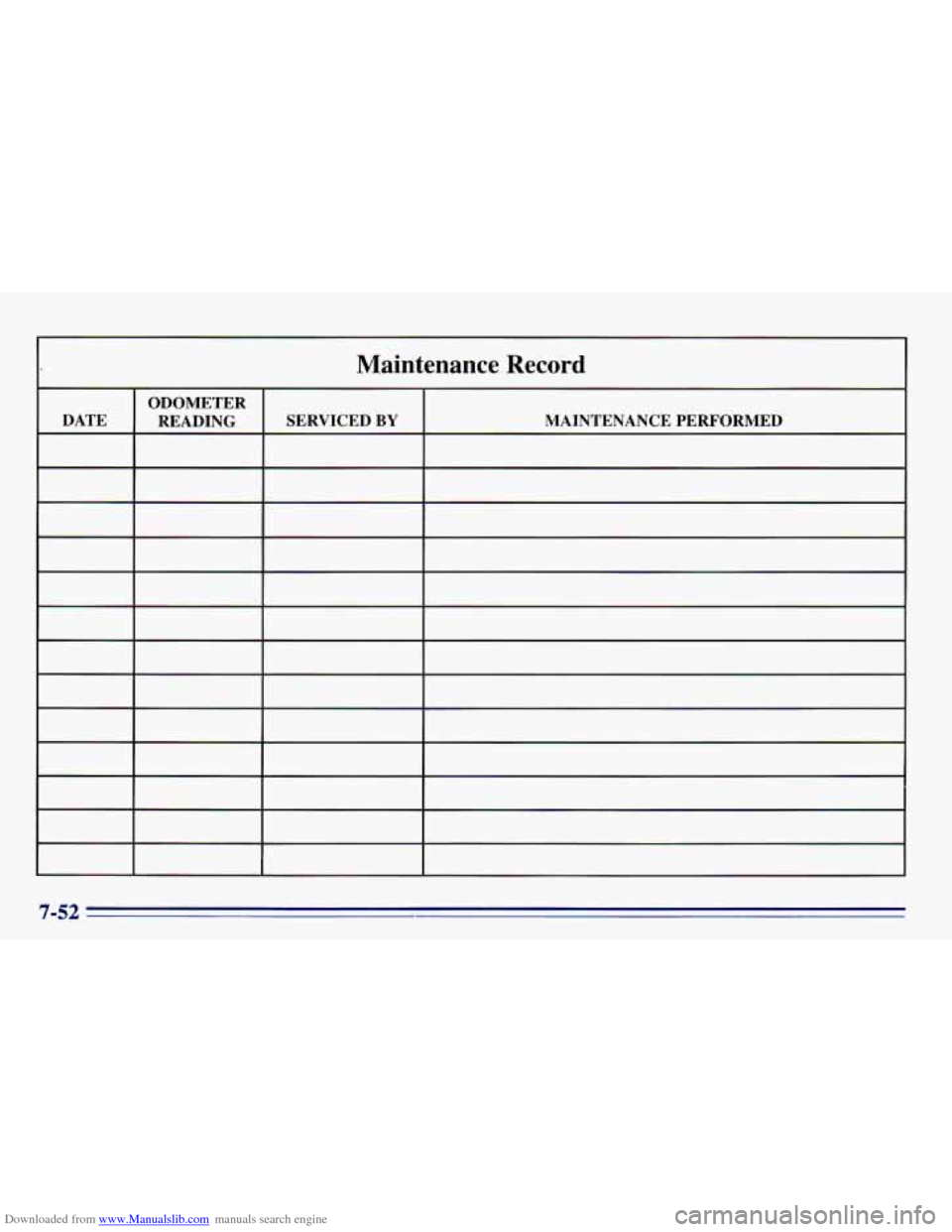 CHEVROLET EXPRESS 1996 1.G Owners Manual Downloaded from www.Manualslib.com manuals search engine Maintenance Record
ODOMETER
DATE READING SERVICED
BY MAINTENANCE PERFORMED
7-52 CHEVROLET EXPRESS 1996 1.G Owners Manual Downloaded from www.Manualslib.com manuals search engine Maintenance Record
ODOMETER
DATE READING SERVICED
BY MAINTENANCE PERFORMED
7-52