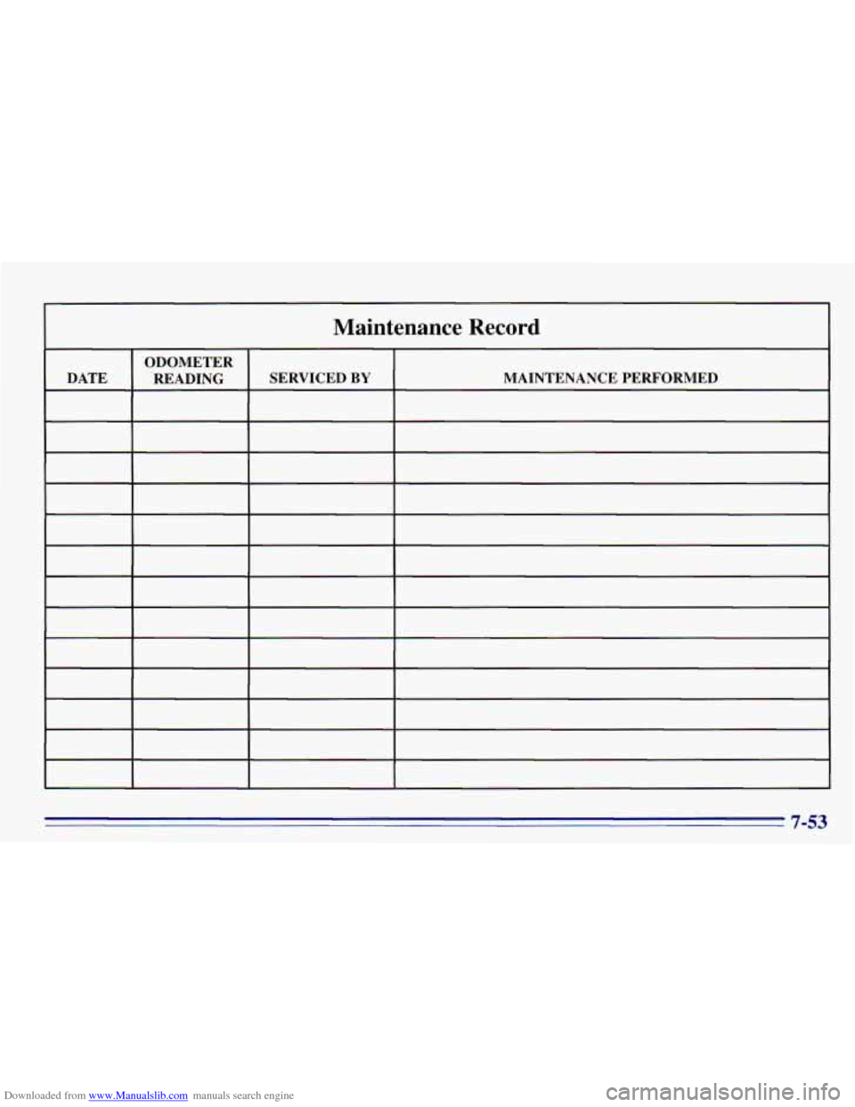 CHEVROLET EXPRESS 1996 1.G Owners Manual Downloaded from www.Manualslib.com manuals search engine I 3
Maintenance Record
ODOMETER
DATE MAINTENANCE PERFORMED
SERVICED
BY READING
7-53 CHEVROLET EXPRESS 1996 1.G Owners Manual Downloaded from www.Manualslib.com manuals search engine I 3
Maintenance Record
ODOMETER
DATE MAINTENANCE PERFORMED
SERVICED
BY READING
7-53