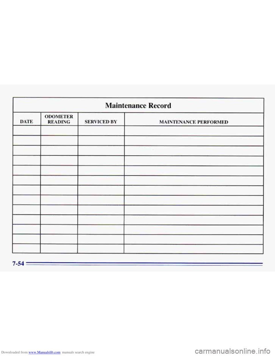CHEVROLET EXPRESS 1996 1.G Owners Manual Downloaded from www.Manualslib.com manuals search engine Maintenance Record
ODOMETER
DATE READING SERVICED
BY MAINTENANCE PERFORMED
7-54 = CHEVROLET EXPRESS 1996 1.G Owners Manual Downloaded from www.Manualslib.com manuals search engine Maintenance Record
ODOMETER
DATE READING SERVICED
BY MAINTENANCE PERFORMED
7-54 =