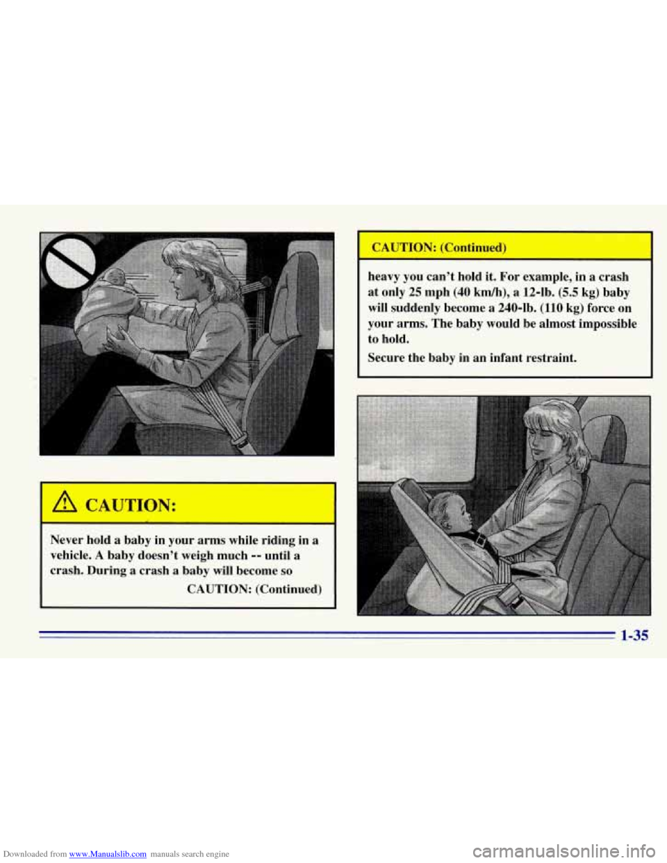 CHEVROLET EXPRESS 1996 1.G Service Manual Downloaded from www.Manualslib.com manuals search engine Never hold a baby in your  arms while  riding  in a 
vehicle. 
A baby doesn’t  weigh much -- until a 
crash.  During  a crash  a baby  will b