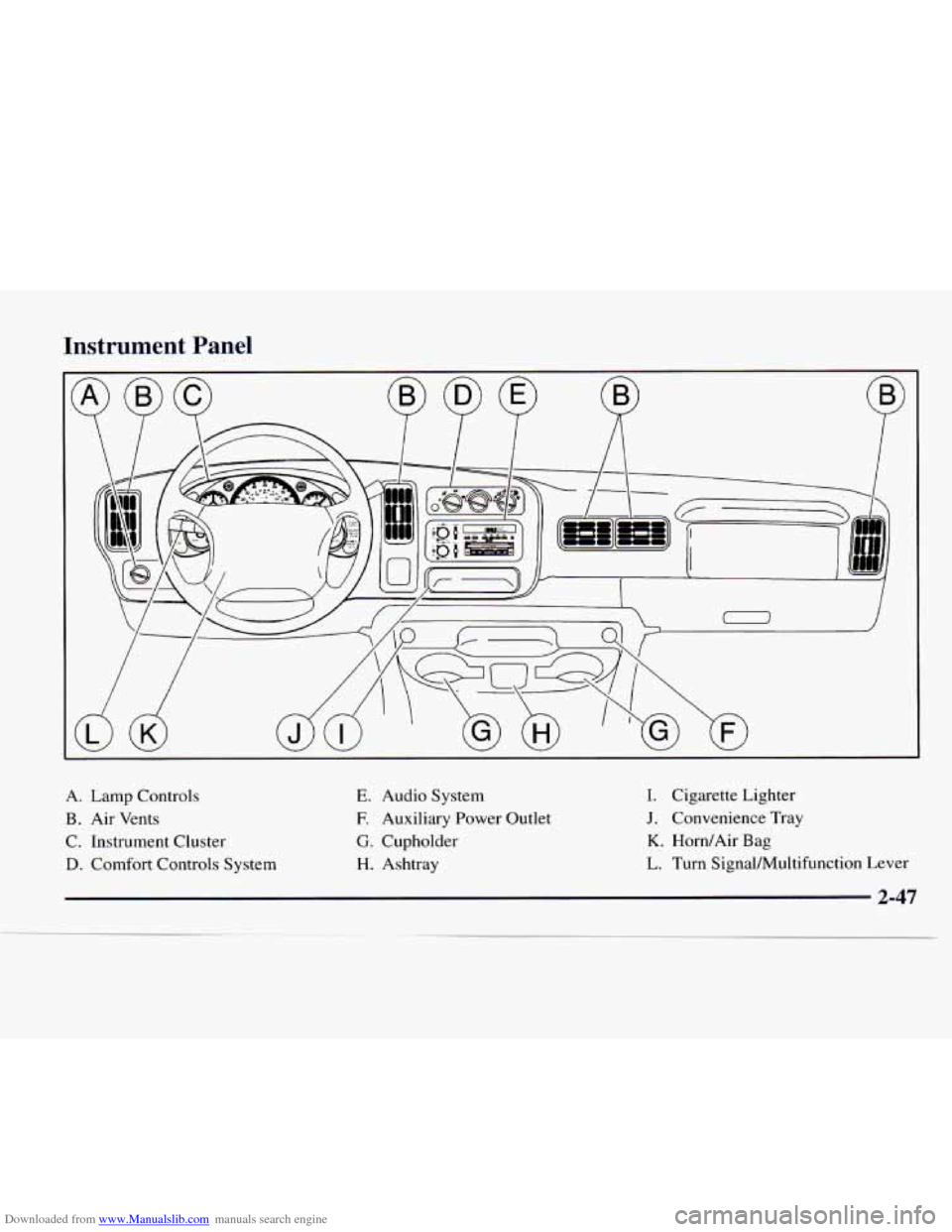 CHEVROLET EXPRESS 1997 1.G Owners Manual Downloaded from www.Manualslib.com manuals search engine Instrument Panel
A.
B.
C.
D.
Lamp Controls
Air Vents
Instrument Cluster
Comfort Controls System E.
E
G.
H.
Audio System
Auxil CHEVROLET EXPRESS 1997 1.G Owners Manual Downloaded from www.Manualslib.com manuals search engine Instrument Panel
A.
B.
C.
D.
Lamp Controls
Air Vents
Instrument Cluster
Comfort Controls System E.
E
G.
H.
Audio System
Auxil