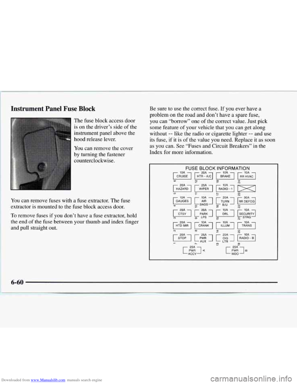 CHEVROLET EXPRESS 1997 1.G Owners Manual Downloaded from www.Manualslib.com manuals search engine Instrument Panel Fuse Block
The fuse block access door
is on the drivers side of the
instrument panel above the
hood release lever. CHEVROLET EXPRESS 1997 1.G Owners Manual Downloaded from www.Manualslib.com manuals search engine Instrument Panel Fuse Block
The fuse block access door
is on the drivers side of the
instrument panel above the
hood release lever.
