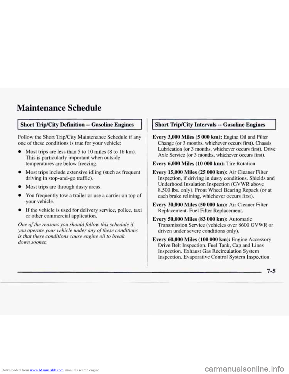 CHEVROLET EXPRESS 1997 1.G Owners Manual Downloaded from www.Manualslib.com manuals search engine Maintenance Schedule 
Short TripKity  Definition -- Gasoline  Engines 
Follow  the  Short Trip/City Maintenance  Schedule  if any 
one 
of thes