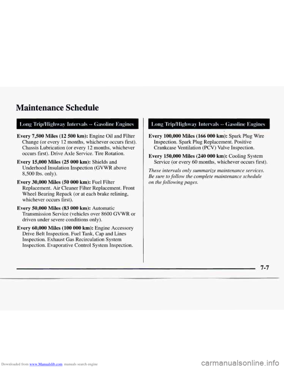 CHEVROLET EXPRESS 1997 1.G Owners Manual Downloaded from www.Manualslib.com manuals search engine Maintenance  Schedule 
Every 7,500 Miles  (12 500 km): Engine  Oil and Filter 
Change  (or every 
12 months, whichever  occurs  first). 
Chassi
