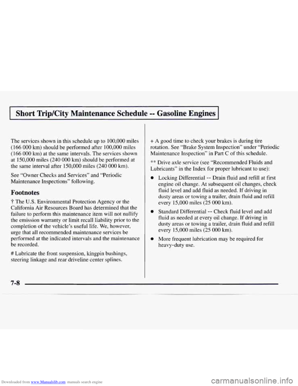CHEVROLET EXPRESS 1997 1.G Owners Manual Downloaded from www.Manualslib.com manuals search engine I Short TripKity Maintenance Schedule =- Gasoline Engines I
The services shown in this schedule up to 100,000 miles
(1 66 000 km) shoul CHEVROLET EXPRESS 1997 1.G Owners Manual Downloaded from www.Manualslib.com manuals search engine I Short TripKity Maintenance Schedule =- Gasoline Engines I
The services shown in this schedule up to 100,000 miles
(1 66 000 km) shoul