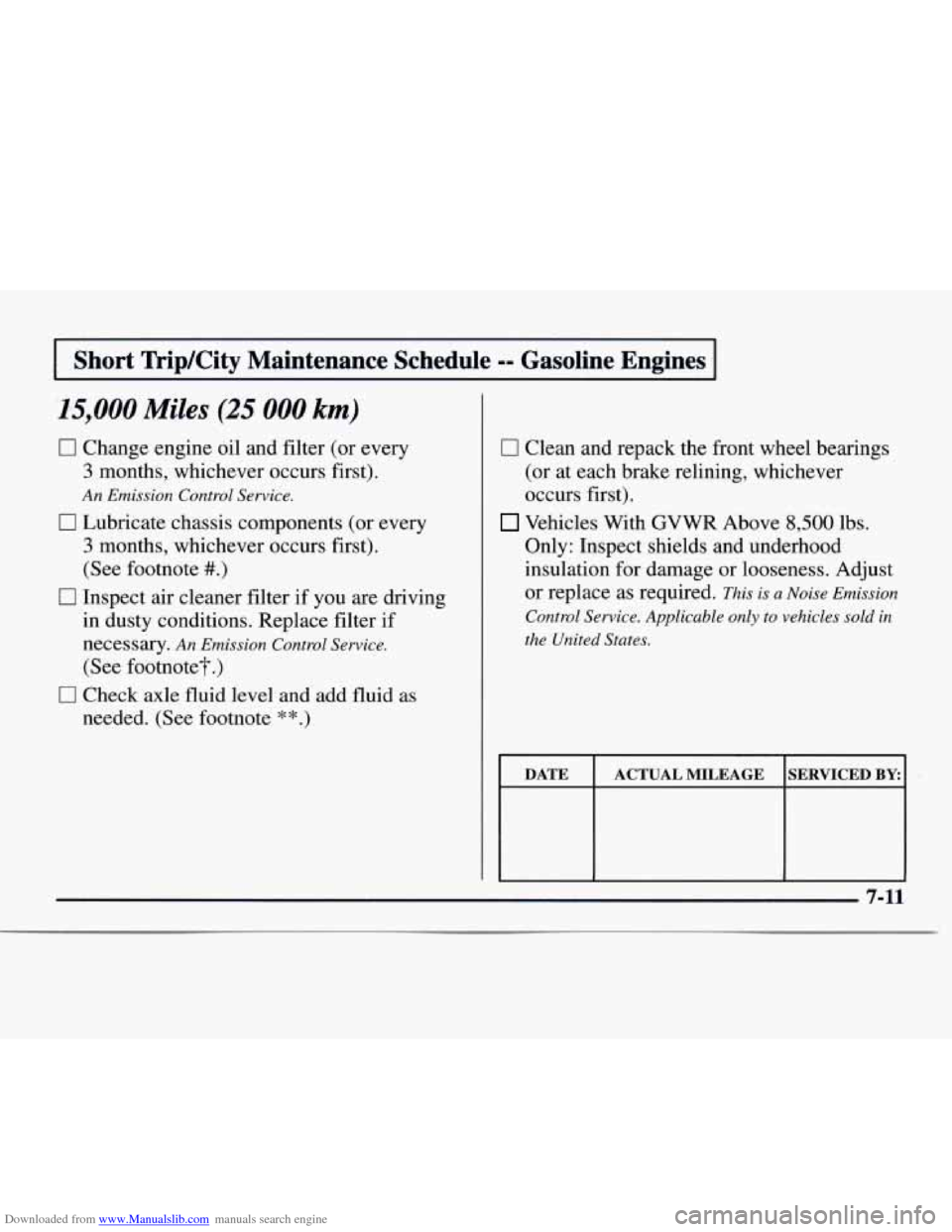 CHEVROLET EXPRESS 1997 1.G Owners Guide Downloaded from www.Manualslib.com manuals search engine I Short  TriplCity  Maintenance  Schedule == Gasoline  Engines I 
l5,OOO Miles (25 000 km) 
0 Change engine oil and filter  (or  every 
3 month