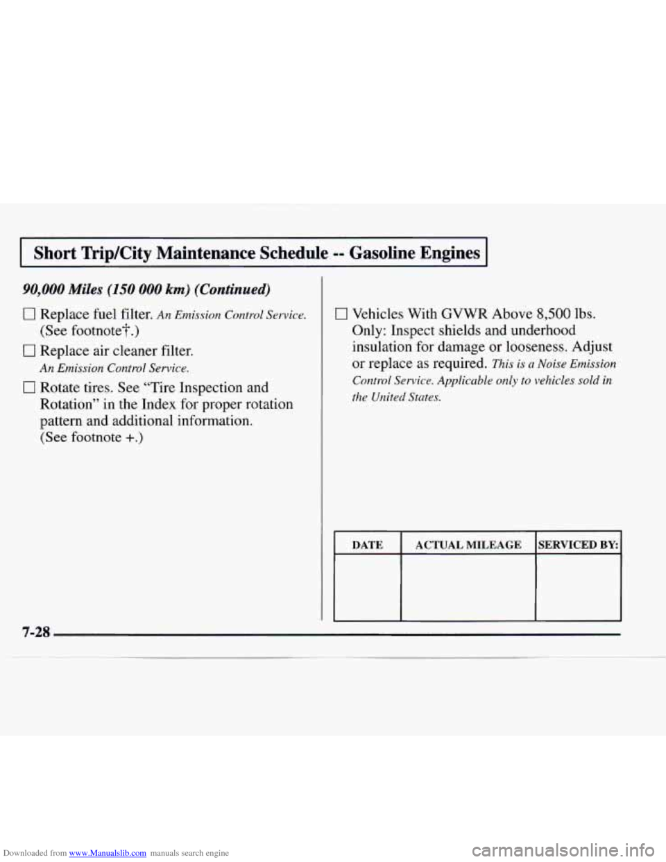 CHEVROLET EXPRESS 1997 1.G Owners Manual Downloaded from www.Manualslib.com manuals search engine Short TripKity Maintenance Schedule == Gasoline Engines
90,000 Miles (150 000 km) (Continued)
0 Replace fuel filter. An Emission Contro CHEVROLET EXPRESS 1997 1.G Owners Manual Downloaded from www.Manualslib.com manuals search engine Short TripKity Maintenance Schedule == Gasoline Engines
90,000 Miles (150 000 km) (Continued)
0 Replace fuel filter. An Emission Contro