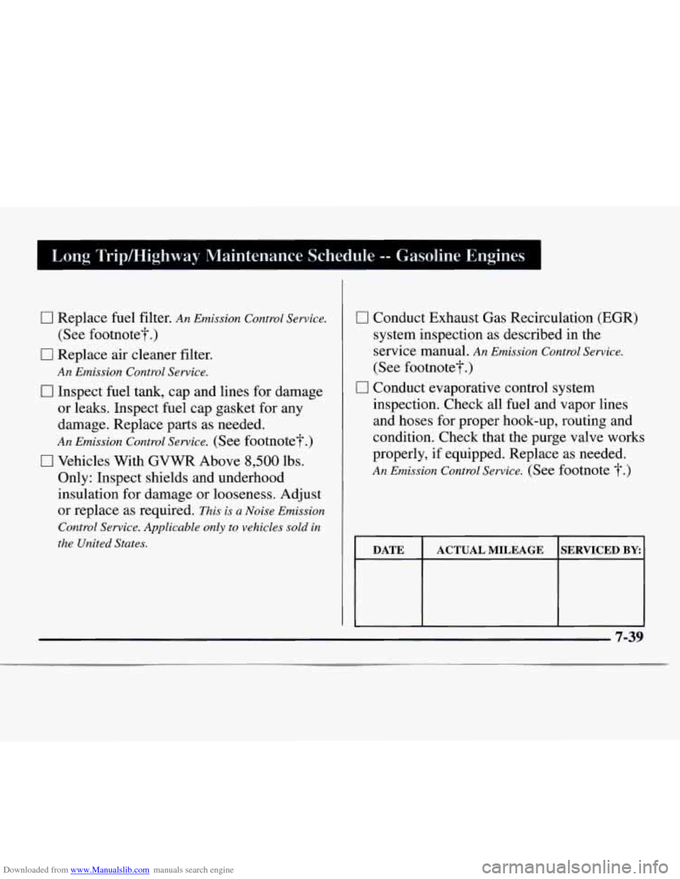 CHEVROLET EXPRESS 1997 1.G Owners Manual Downloaded from www.Manualslib.com manuals search engine Long TriplHighway Maintenance Schedule -- Gasoline Engines
0 Replace fuel filter. An Emission Control Service.
0 Replace air cleaner filte CHEVROLET EXPRESS 1997 1.G Owners Manual Downloaded from www.Manualslib.com manuals search engine Long TriplHighway Maintenance Schedule -- Gasoline Engines
0 Replace fuel filter. An Emission Control Service.
0 Replace air cleaner filte