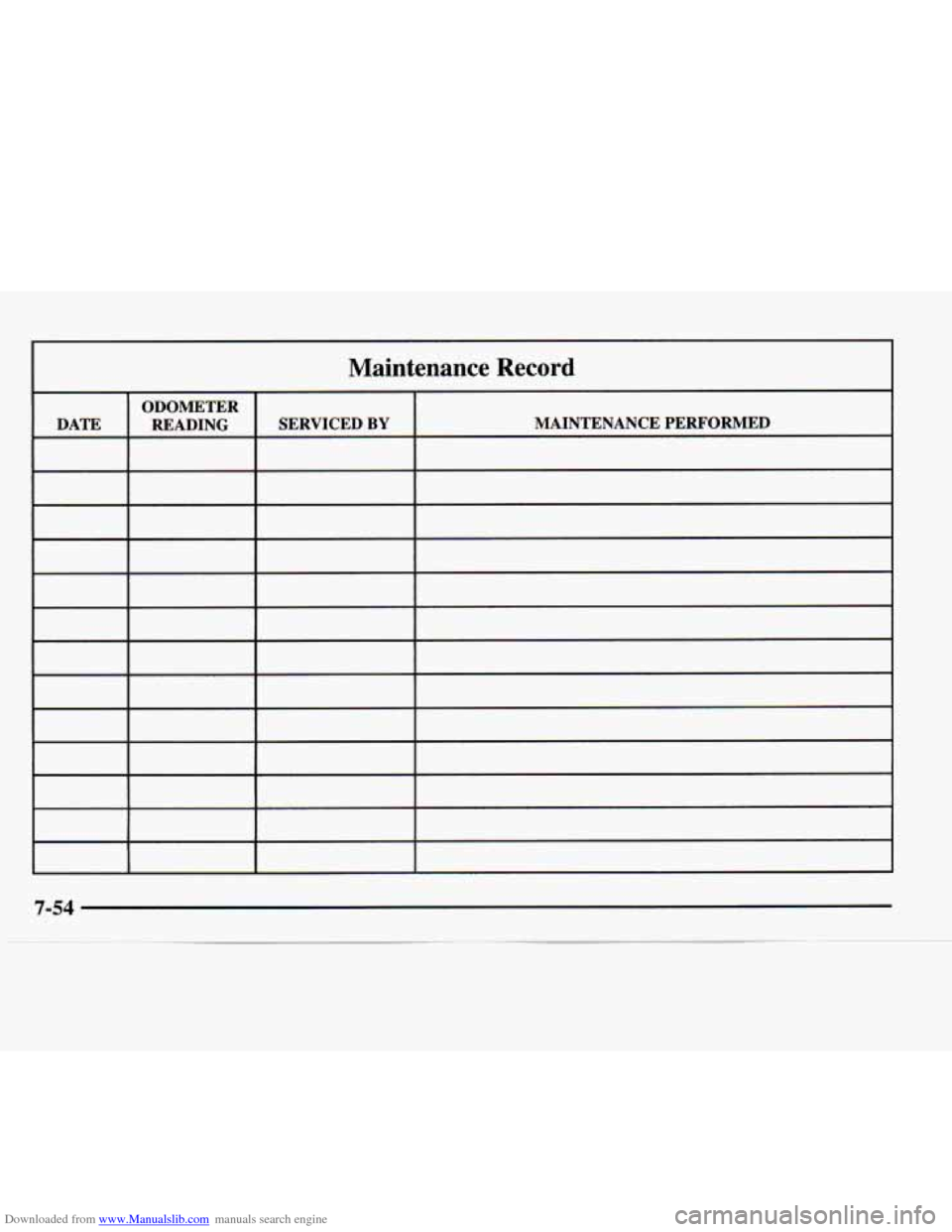 CHEVROLET EXPRESS 1997 1.G Owners Manual Downloaded from www.Manualslib.com manuals search engine Maintenance Record
ODOMETER
DATE READING SERVICED
BY MAINTENANCE PERFORMED
.~ .- - CHEVROLET EXPRESS 1997 1.G Owners Manual Downloaded from www.Manualslib.com manuals search engine Maintenance Record
ODOMETER
DATE READING SERVICED
BY MAINTENANCE PERFORMED
.~ .- -