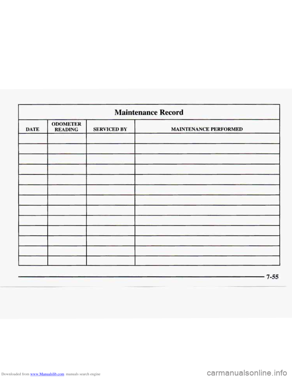 CHEVROLET EXPRESS 1997 1.G Owners Manual Downloaded from www.Manualslib.com manuals search engine Maintenance Record
ODOMETER
DATE MAINTENANCE PERFORMED
SERVICED
BY READING CHEVROLET EXPRESS 1997 1.G Owners Manual Downloaded from www.Manualslib.com manuals search engine Maintenance Record
ODOMETER
DATE MAINTENANCE PERFORMED
SERVICED
BY READING