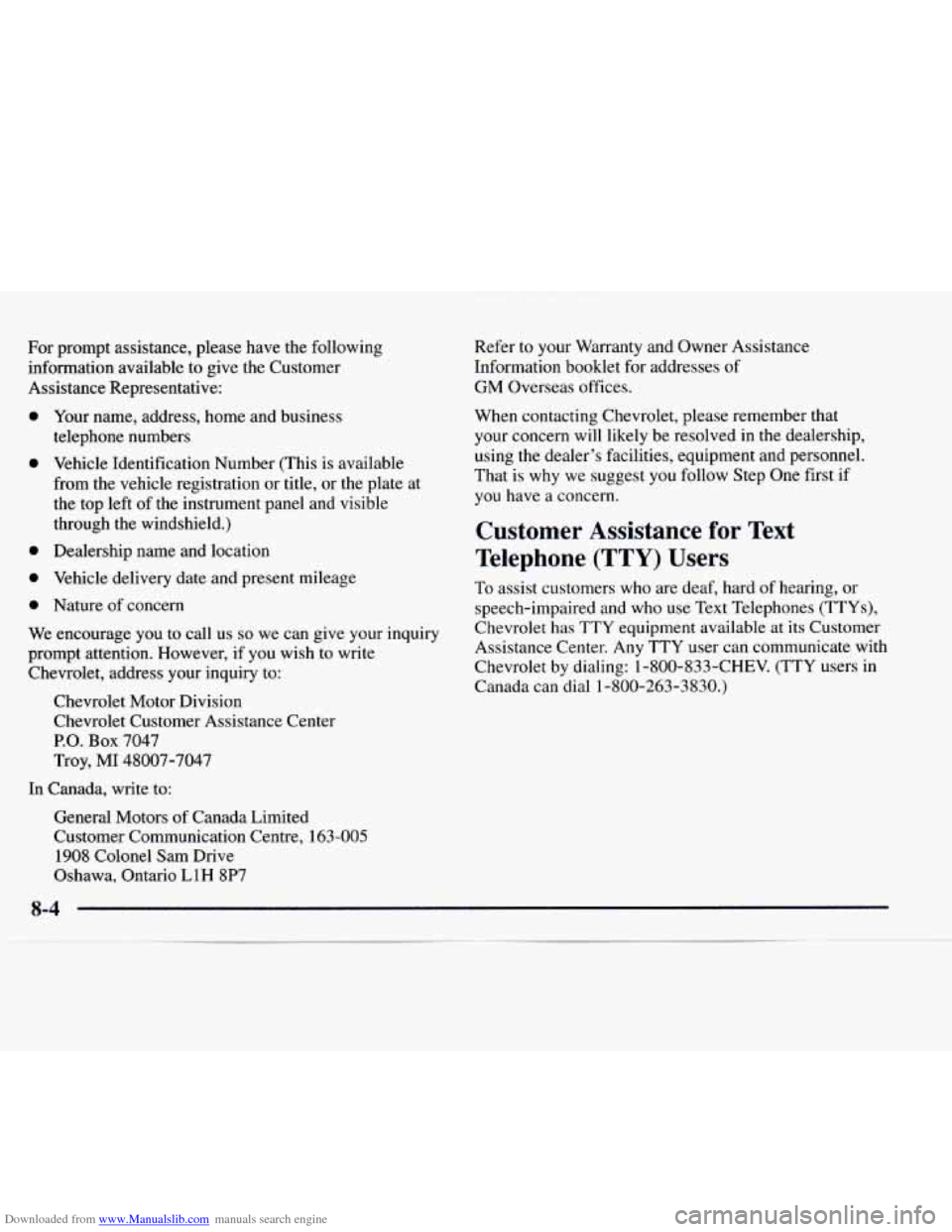CHEVROLET EXPRESS 1997 1.G Owners Manual Downloaded from www.Manualslib.com manuals search engine For prompt assistance, please have the following
information available to give the Customer
Assistance Representative:
0
0
0
0
0 CHEVROLET EXPRESS 1997 1.G Owners Manual Downloaded from www.Manualslib.com manuals search engine For prompt assistance, please have the following
information available to give the Customer
Assistance Representative:
0
0
0
0
0