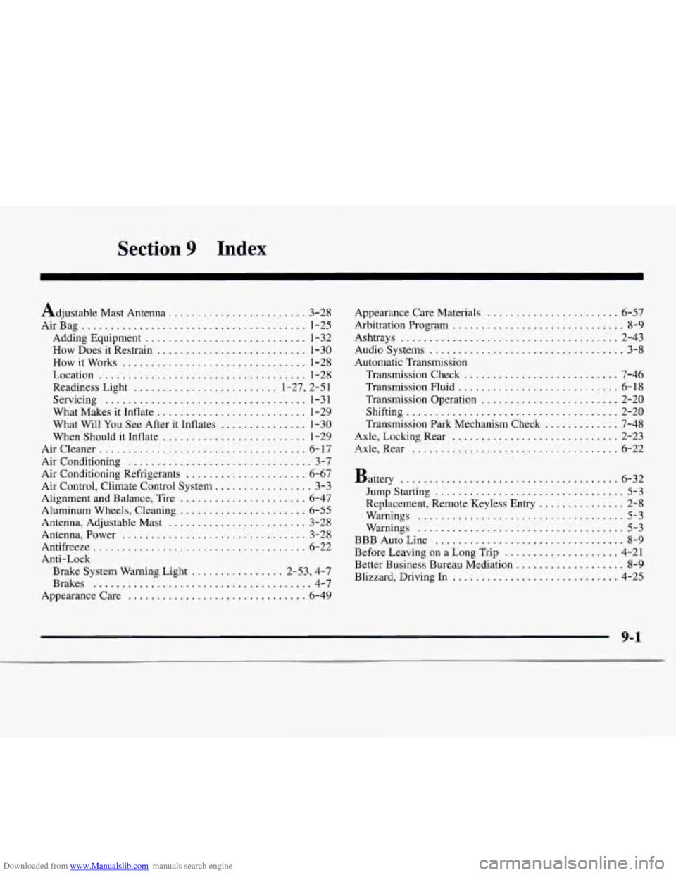 CHEVROLET EXPRESS 1997 1.G Owners Manual Downloaded from www.Manualslib.com manuals search engine Section 9 Index
Adjustable Mast Antenna ........................ 3-28
AirBag
....................................... 1-25
Adding Equipment CHEVROLET EXPRESS 1997 1.G Owners Manual Downloaded from www.Manualslib.com manuals search engine Section 9 Index
Adjustable Mast Antenna ........................ 3-28
AirBag
....................................... 1-25
Adding Equipment