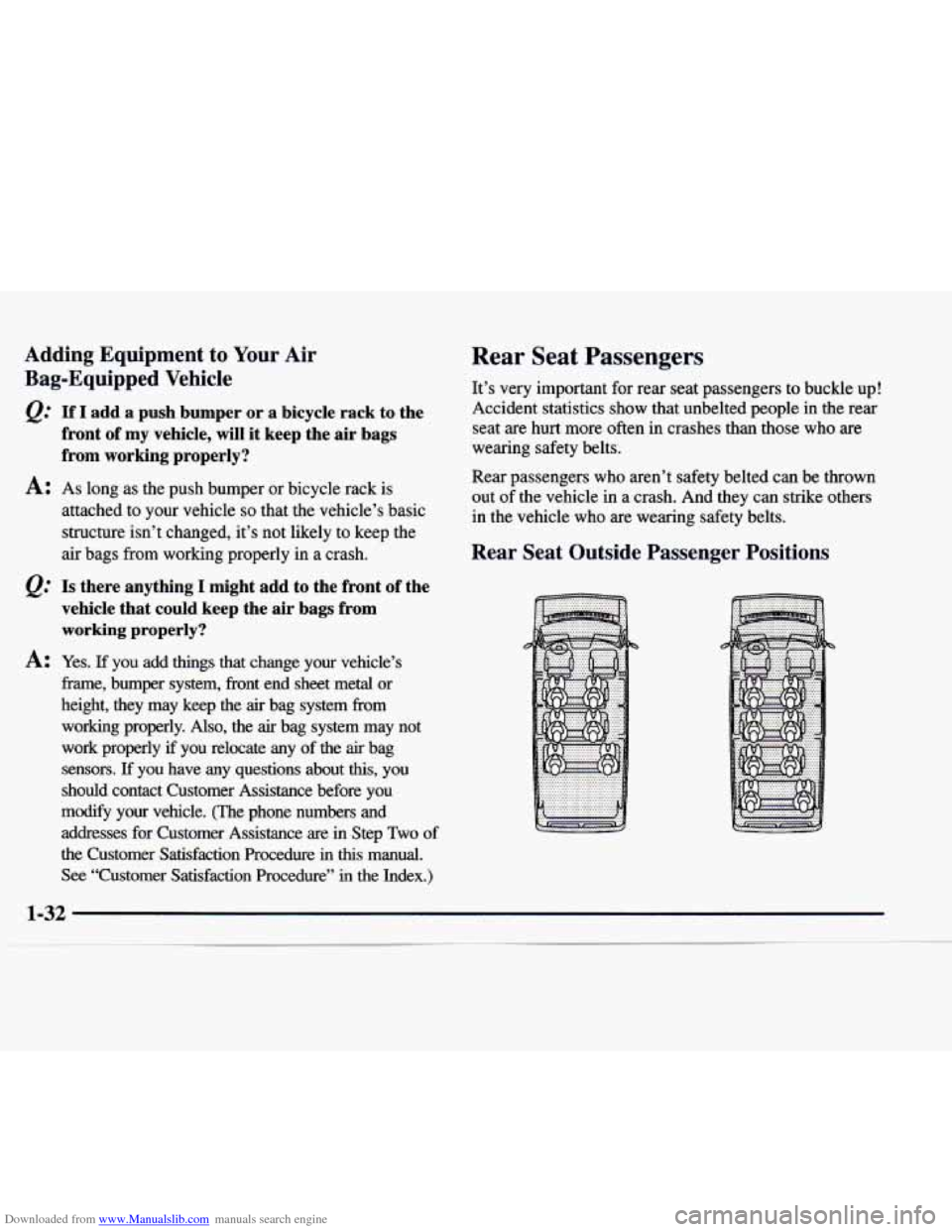 CHEVROLET EXPRESS 1997 1.G Owners Guide Downloaded from www.Manualslib.com manuals search engine Adding  Equipment to Your  Air 
Bag-Equipped  Vehicle 
@’ If I add  a  push  bumper  or  a  bicycle  rack  to  the 
front  of  my  vehicle,  