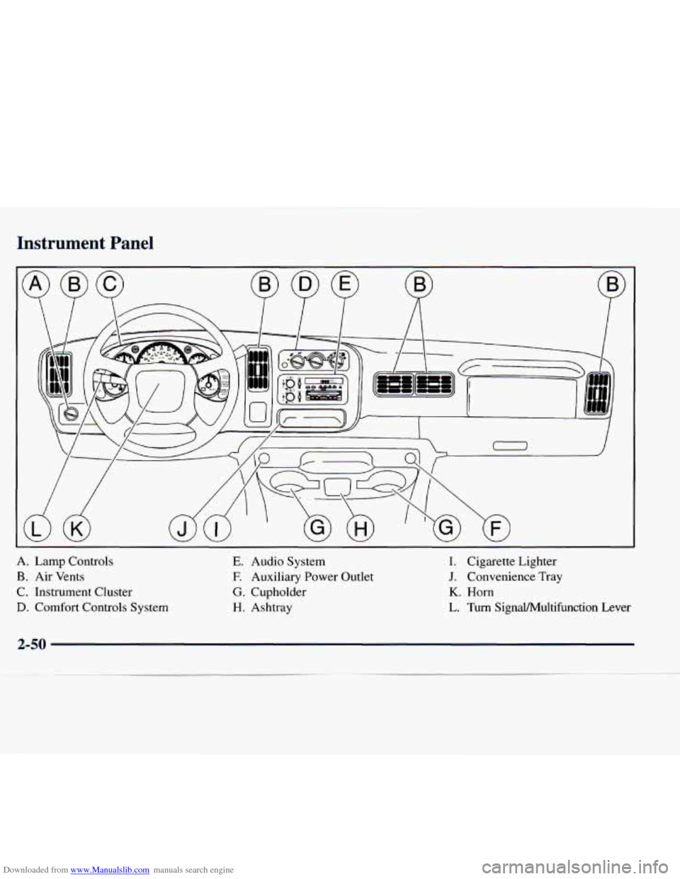 CHEVROLET EXPRESS 1998 1.G Owners Manual Downloaded from www.Manualslib.com manuals search engine -
.strurnent Panel
A. Lamp Controls
B. Air Vents
C. Instrument Cluster
D. Comfort Controls System
E. Audio System
E Auxiliary Powe CHEVROLET EXPRESS 1998 1.G Owners Manual Downloaded from www.Manualslib.com manuals search engine -
.strurnent Panel
A. Lamp Controls
B. Air Vents
C. Instrument Cluster
D. Comfort Controls System
E. Audio System
E Auxiliary Powe