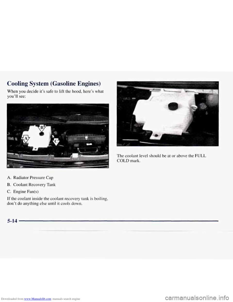 CHEVROLET EXPRESS 1998 1.G Owners Manual Downloaded from www.Manualslib.com manuals search engine Cooling System (Gasoline Engines)
When you decide it’s safe to lift the hood, here’s what
you’ll see:
The coolant level should CHEVROLET EXPRESS 1998 1.G Owners Manual Downloaded from www.Manualslib.com manuals search engine Cooling System (Gasoline Engines)
When you decide it’s safe to lift the hood, here’s what
you’ll see:
The coolant level should