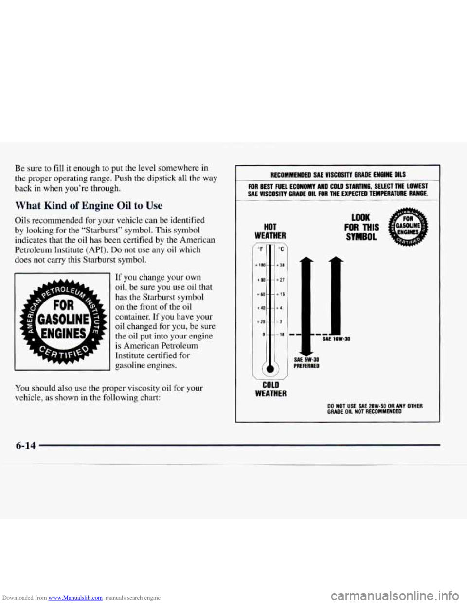 CHEVROLET EXPRESS 1998 1.G Owners Manual Downloaded from www.Manualslib.com manuals search engine Be sure to fill it enough to put the level somewhere in
the proper operating range. Push the dipstick all the way
back in when you CHEVROLET EXPRESS 1998 1.G Owners Manual Downloaded from www.Manualslib.com manuals search engine Be sure to fill it enough to put the level somewhere in
the proper operating range. Push the dipstick all the way
back in when you