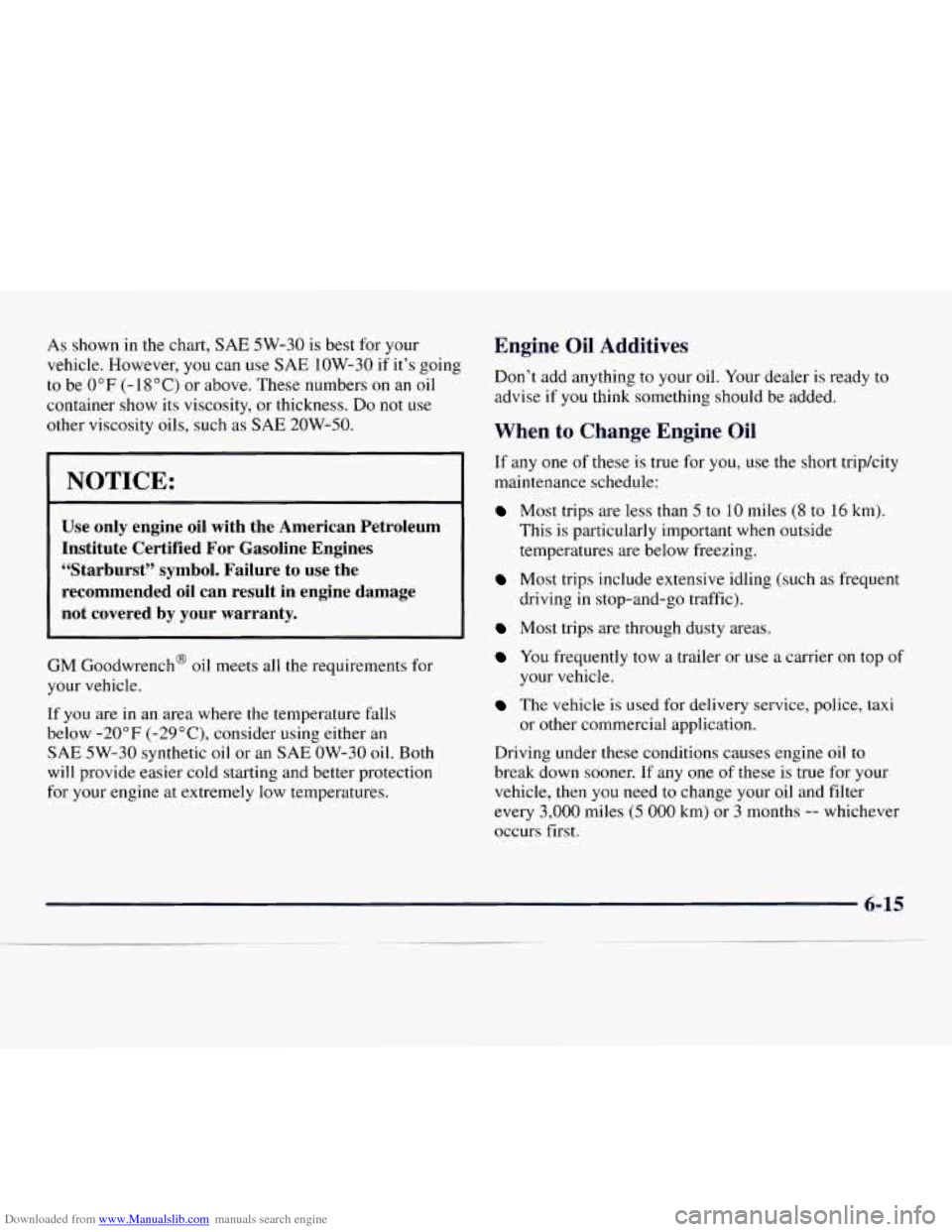 CHEVROLET EXPRESS 1998 1.G Owners Manual Downloaded from www.Manualslib.com manuals search engine As shown in the chart, SAE 5W-30 is best for your
vehicle. However, you can
use SAE 1OW-30 if its going
to be
0" F (- 18 " C) or CHEVROLET EXPRESS 1998 1.G Owners Manual Downloaded from www.Manualslib.com manuals search engine As shown in the chart, SAE 5W-30 is best for your
vehicle. However, you can
use SAE 1OW-30 if its going
to be
0" F (- 18 " C) or