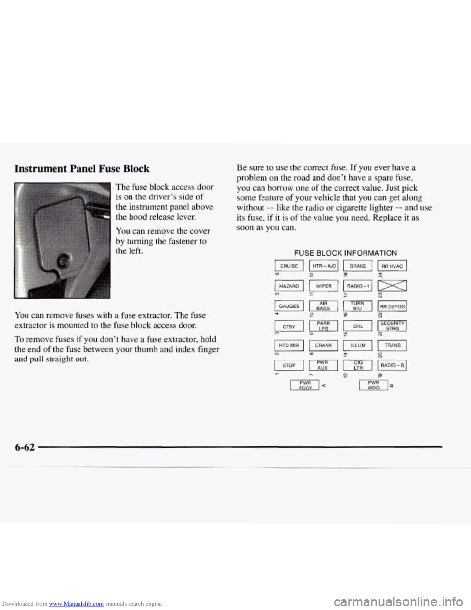 CHEVROLET EXPRESS 1998 1.G Owners Manual Downloaded from www.Manualslib.com manuals search engine In,c*rume-t Panel Fuse Block
The fuse block access door
is
on the driver’s side of
the instrument panel above
the hood release CHEVROLET EXPRESS 1998 1.G Owners Manual Downloaded from www.Manualslib.com manuals search engine In,c*rume-t Panel Fuse Block
The fuse block access door
is
on the driver’s side of
the instrument panel above
the hood release