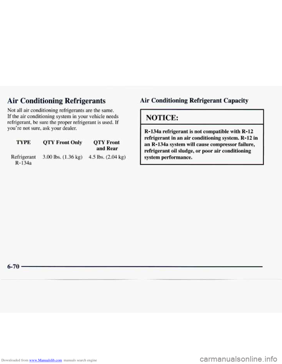 CHEVROLET EXPRESS 1998 1.G Owners Manual Downloaded from www.Manualslib.com manuals search engine Air Conditioning Refrigerants
Not all air conditioning refrigerants are the same.
If the air conditioning system in your vehicl CHEVROLET EXPRESS 1998 1.G Owners Manual Downloaded from www.Manualslib.com manuals search engine Air Conditioning Refrigerants
Not all air conditioning refrigerants are the same.
If the air conditioning system in your vehicl