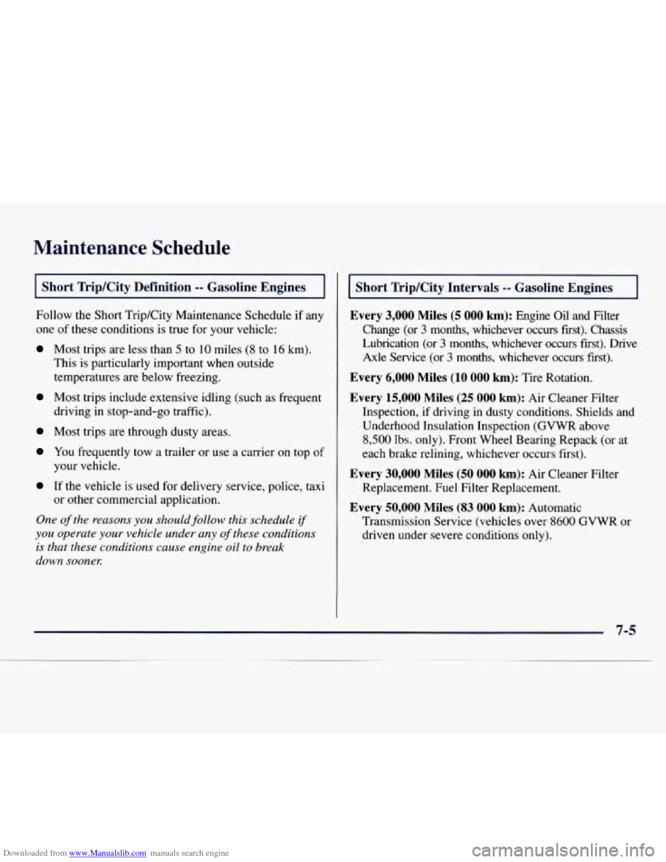 CHEVROLET EXPRESS 1998 1.G Owners Manual Downloaded from www.Manualslib.com manuals search engine Maintenance Schedule
Short Trip/City Definition -- Gasoline Engines
Follow the Short Trip/City Maintenance Schedule if any
one of these CHEVROLET EXPRESS 1998 1.G Owners Manual Downloaded from www.Manualslib.com manuals search engine Maintenance Schedule
Short Trip/City Definition -- Gasoline Engines
Follow the Short Trip/City Maintenance Schedule if any
one of these