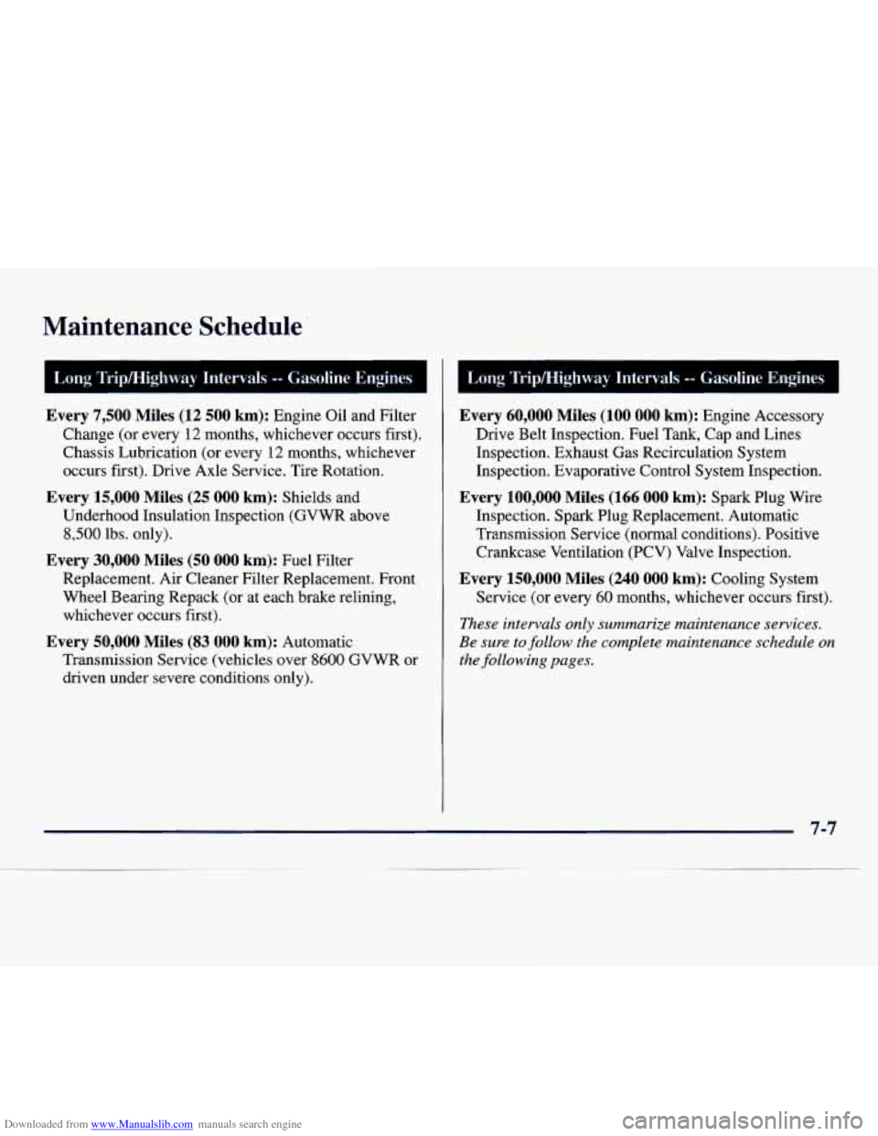 CHEVROLET EXPRESS 1998 1.G Owners Manual Downloaded from www.Manualslib.com manuals search engine Maintenance Schedule
Long Tripmighway Intervals -- Gasoline Engines I
Every 7,500 Miles (12 500 km): Engine Oil and Filter
Change (or CHEVROLET EXPRESS 1998 1.G Owners Manual Downloaded from www.Manualslib.com manuals search engine Maintenance Schedule
Long Tripmighway Intervals -- Gasoline Engines I
Every 7,500 Miles (12 500 km): Engine Oil and Filter
Change (or