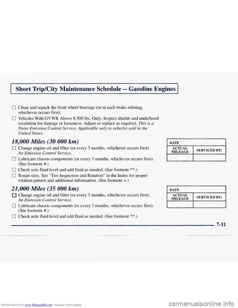 CHEVROLET EXPRESS 1998 1.G Owners Manual Downloaded from www.Manualslib.com manuals search engine I Short TripKity Maintenance Schedule -- Gasoline Engines I
0 Clean and repack the front wheel bearings (or at each brake relining,
wh CHEVROLET EXPRESS 1998 1.G Owners Manual Downloaded from www.Manualslib.com manuals search engine I Short TripKity Maintenance Schedule -- Gasoline Engines I
0 Clean and repack the front wheel bearings (or at each brake relining,
wh